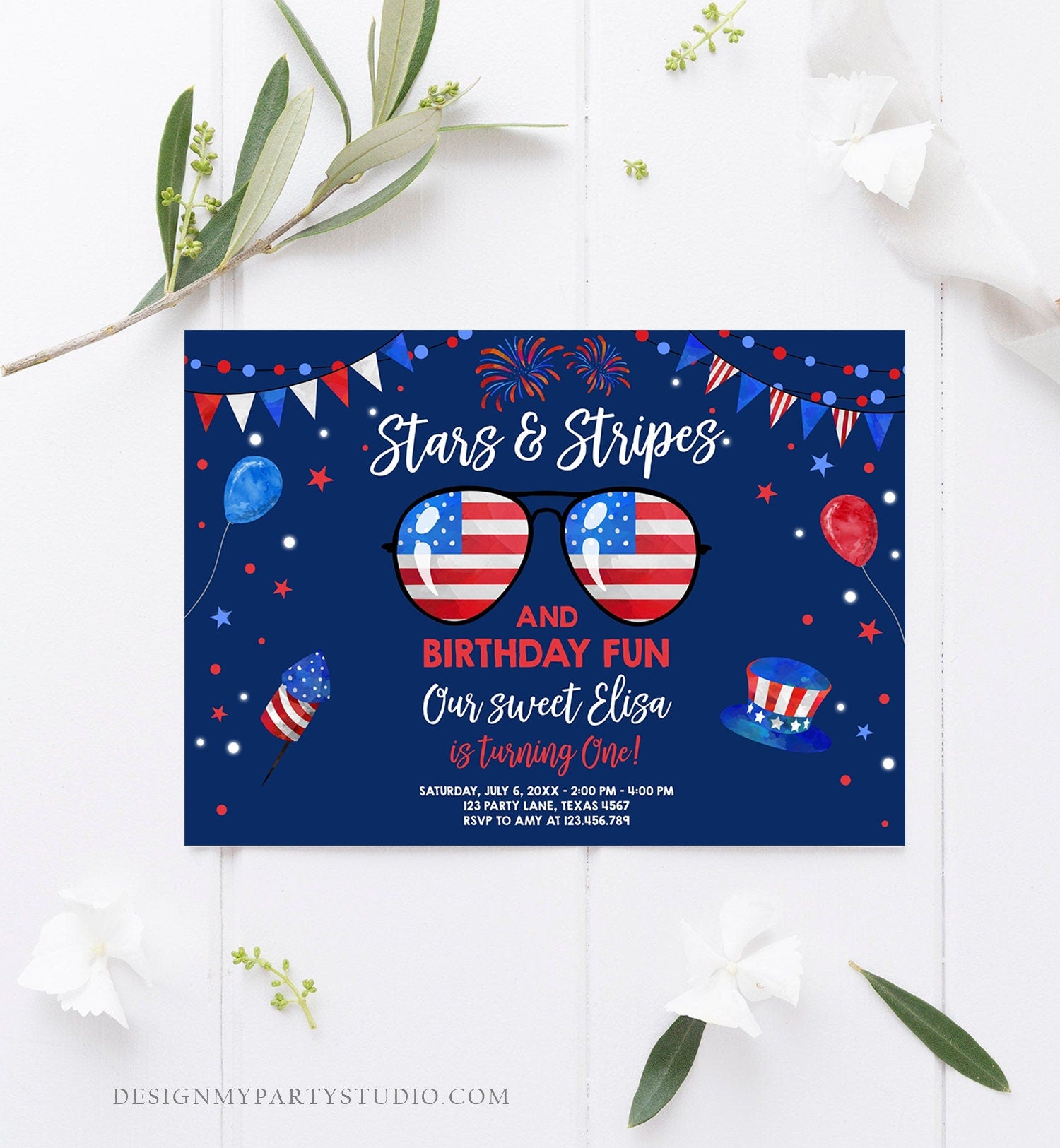 Editable Memorial Day Birthday Invitation 4th of July Little Firecracker Stars and Stripes Red White Blue Template Corjl Digital 0122