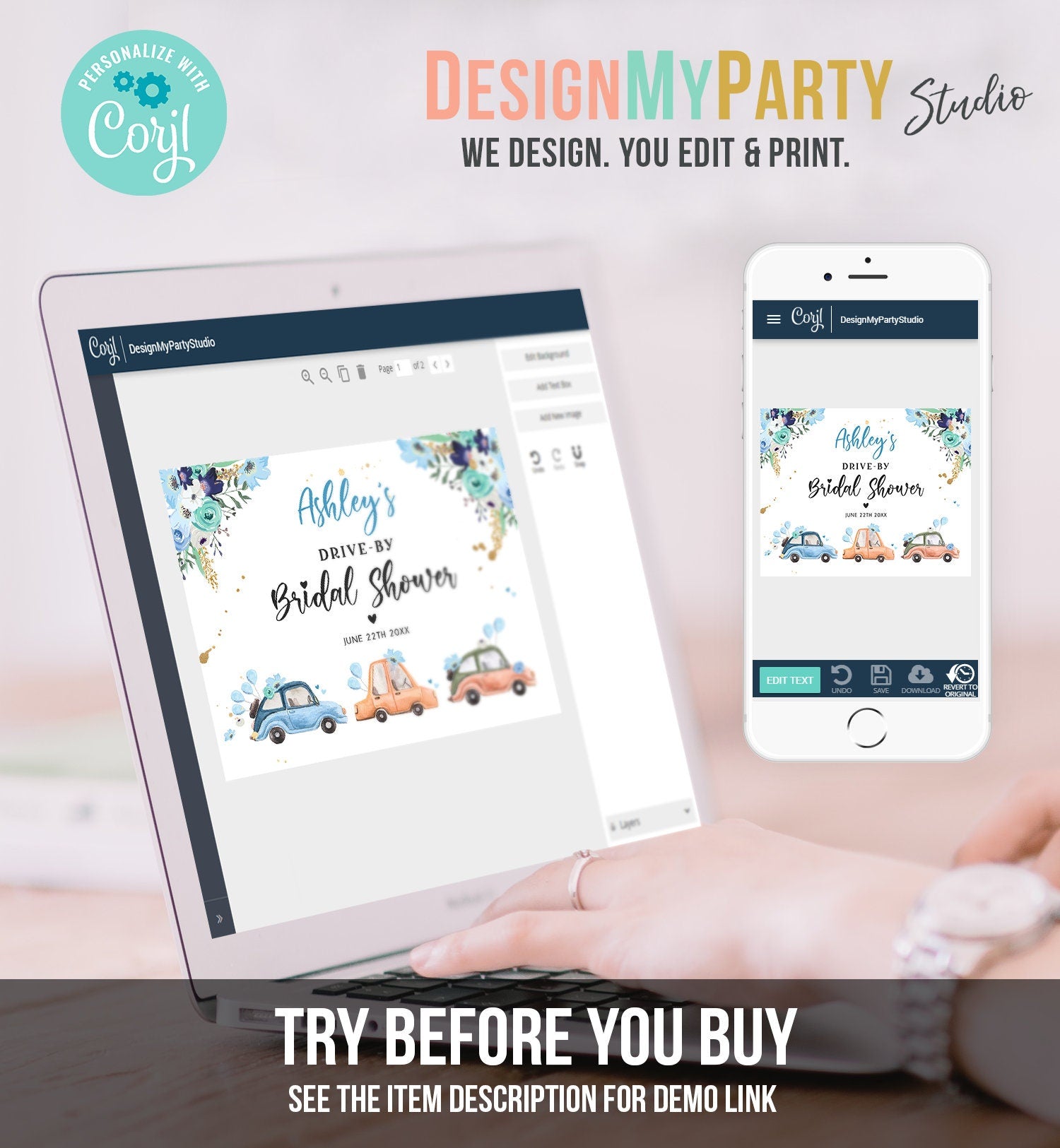 Editable Drive By Bridal Shower Sign Welcome Navy Blue Gold Floral Coed Quarantine Party Drive Through Parade Yard Sign Corjl Template 0335