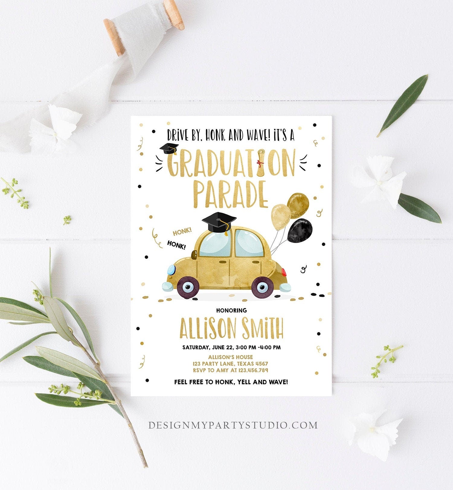 Editable Drive By Graduation Parade Invitation Drive Through Party Gold Girl Quarantine Graduate 2021 High School Grad Download Corjl 0337
