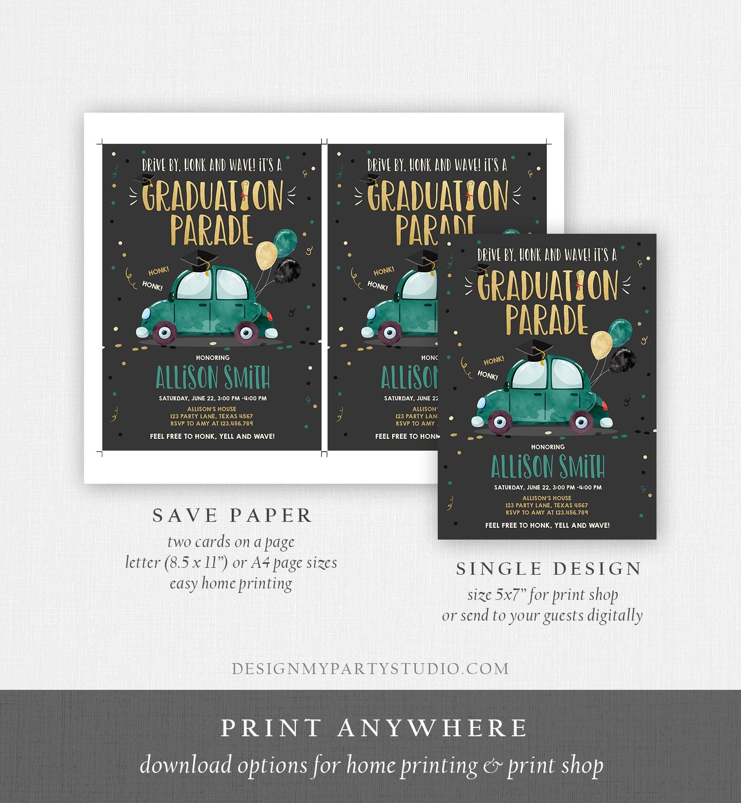Editable Drive By Graduation Parade Invitation Drive Through Party Gold Green Quarantine Graduate 2021 High School Grad Download Corjl 0337