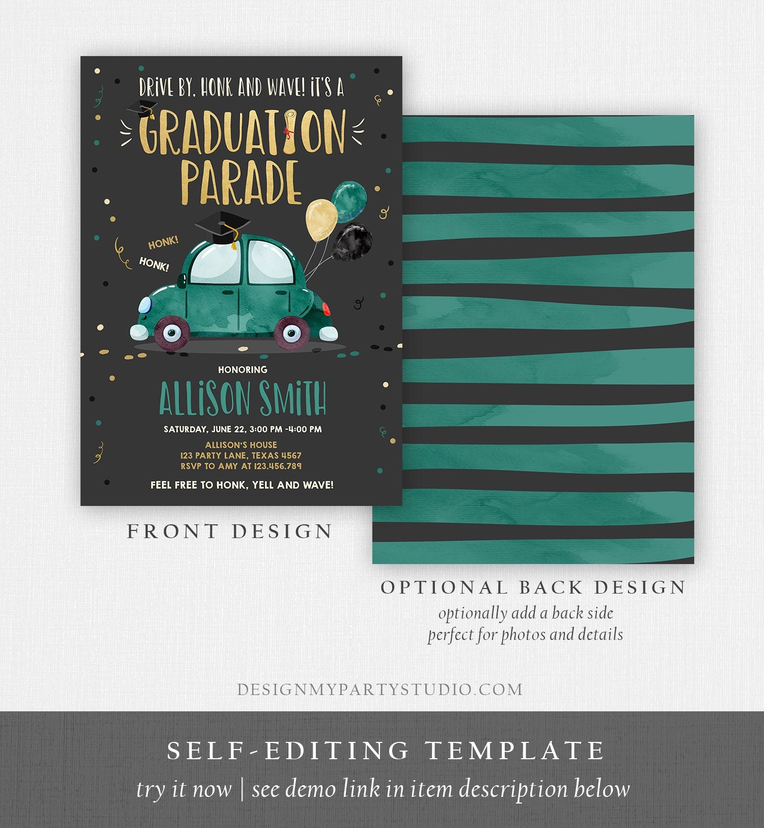 Editable Drive By Graduation Parade Invitation Drive Through Party Gold Green Quarantine Graduate 2021 High School Grad Download Corjl 0337