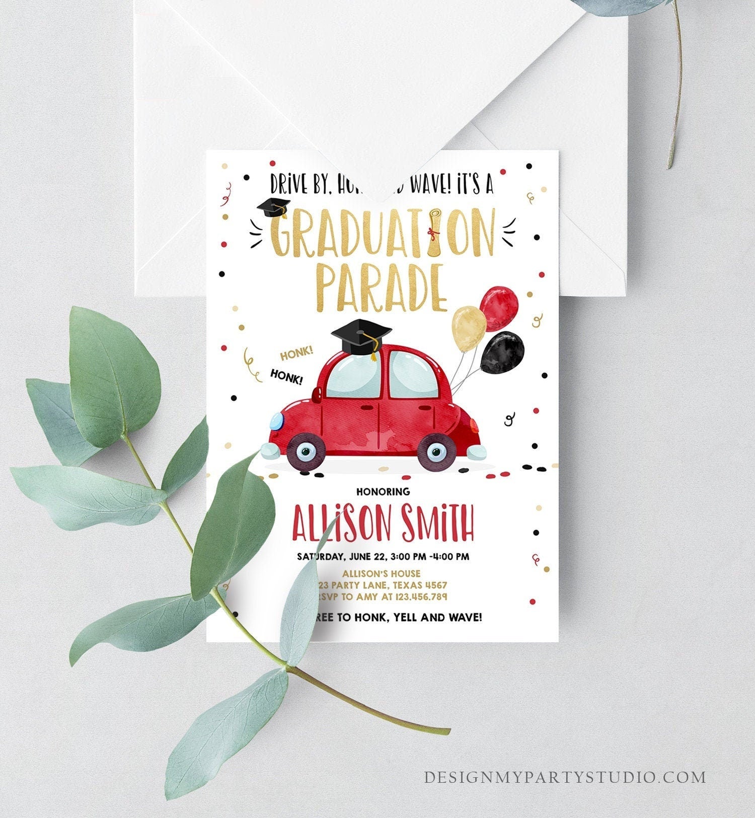 Editable Drive By Graduation Parade Invitation Drive Through Party Gold Red Quarantine Graduate 2021 High School Grad Download Corjl 0337