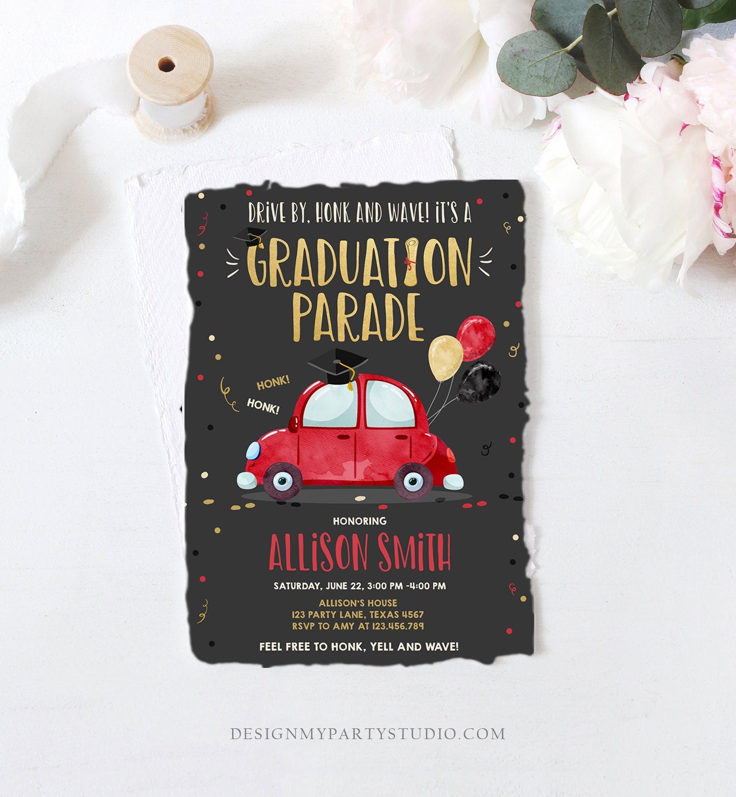 Editable Drive By Graduation Parade Invitation Drive Through Party Gold Red Quarantine Graduate 2021 High School Grad Download Corjl 0337