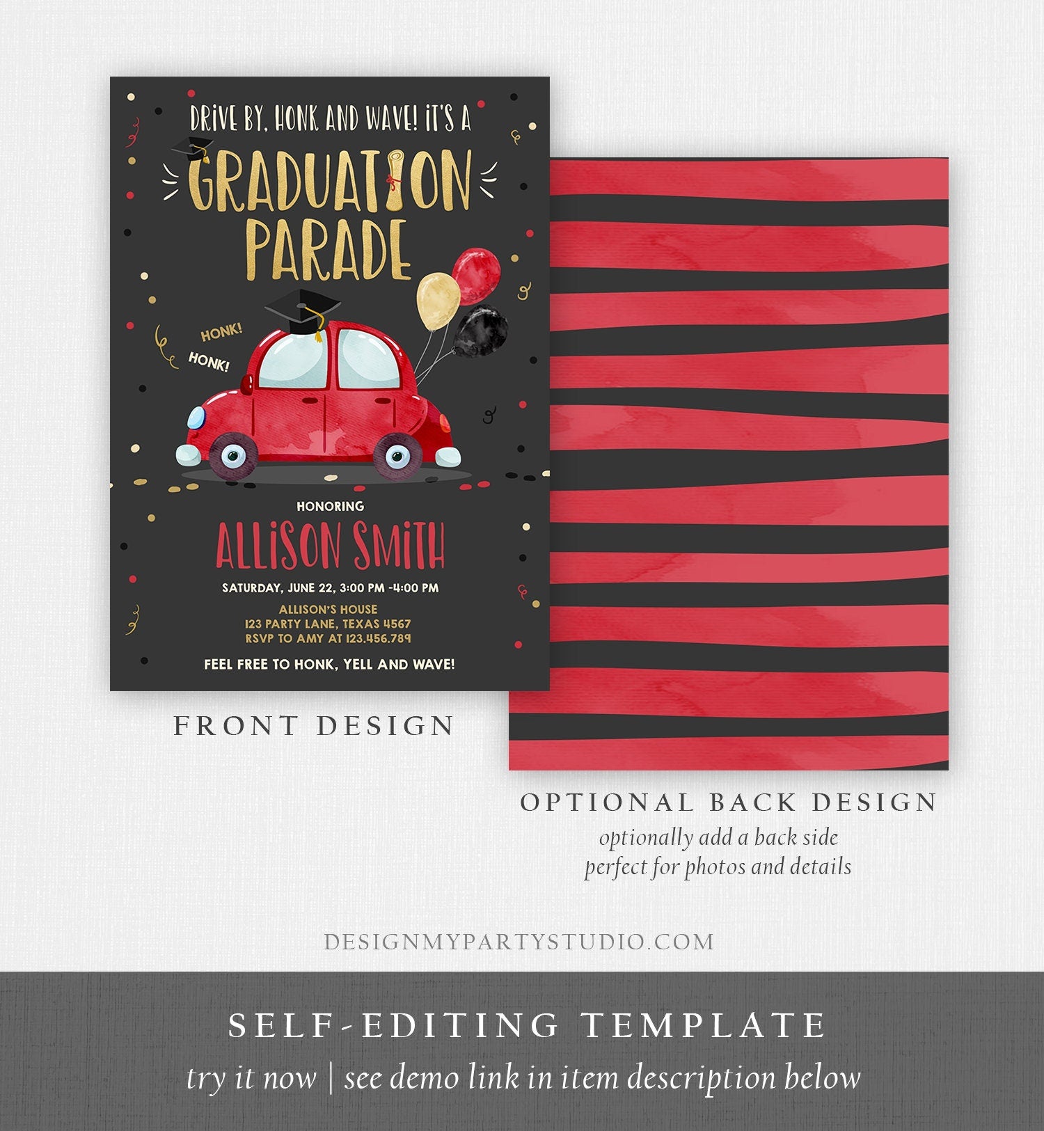 Editable Drive By Graduation Parade Invitation Drive Through Party Gold Red Quarantine Graduate 2021 High School Grad Download Corjl 0337