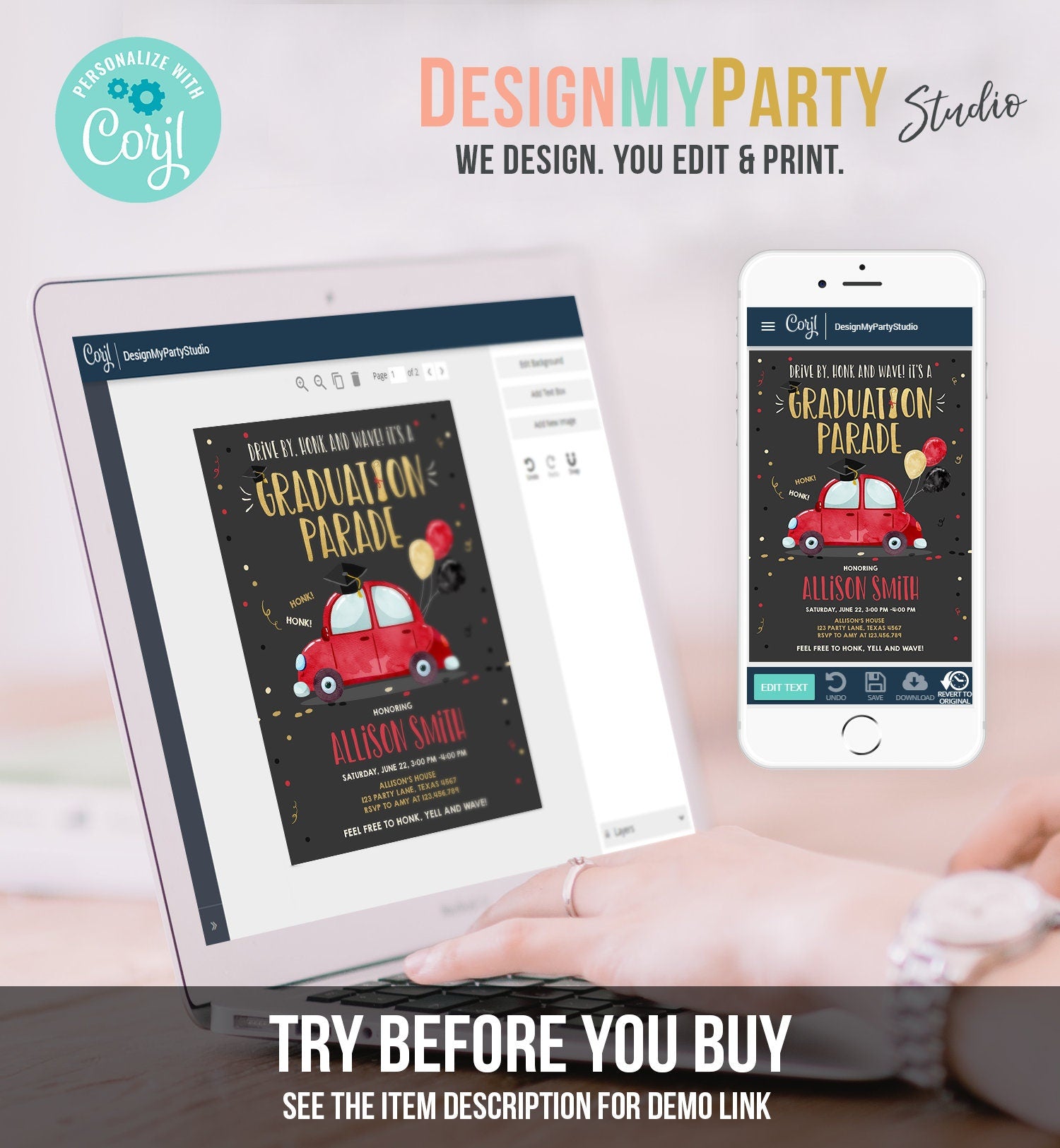 Editable Drive By Graduation Parade Invitation Drive Through Party Gold Red Quarantine Graduate 2021 High School Grad Download Corjl 0337