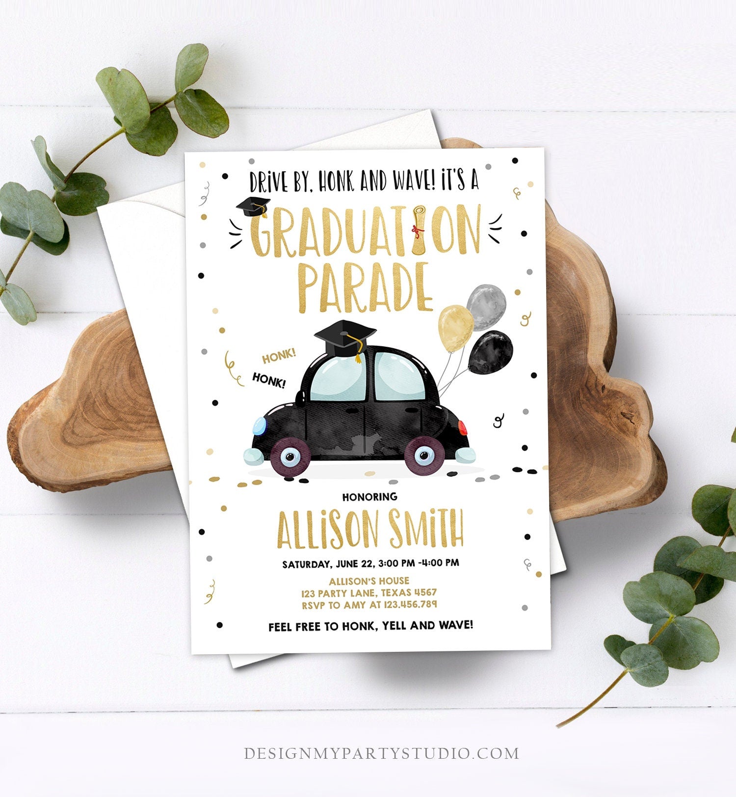 Editable Drive By Graduation Parade Invitation Drive Through Party Gold Black Quarantine Graduate 2021 High School Grad Download Corjl 0337