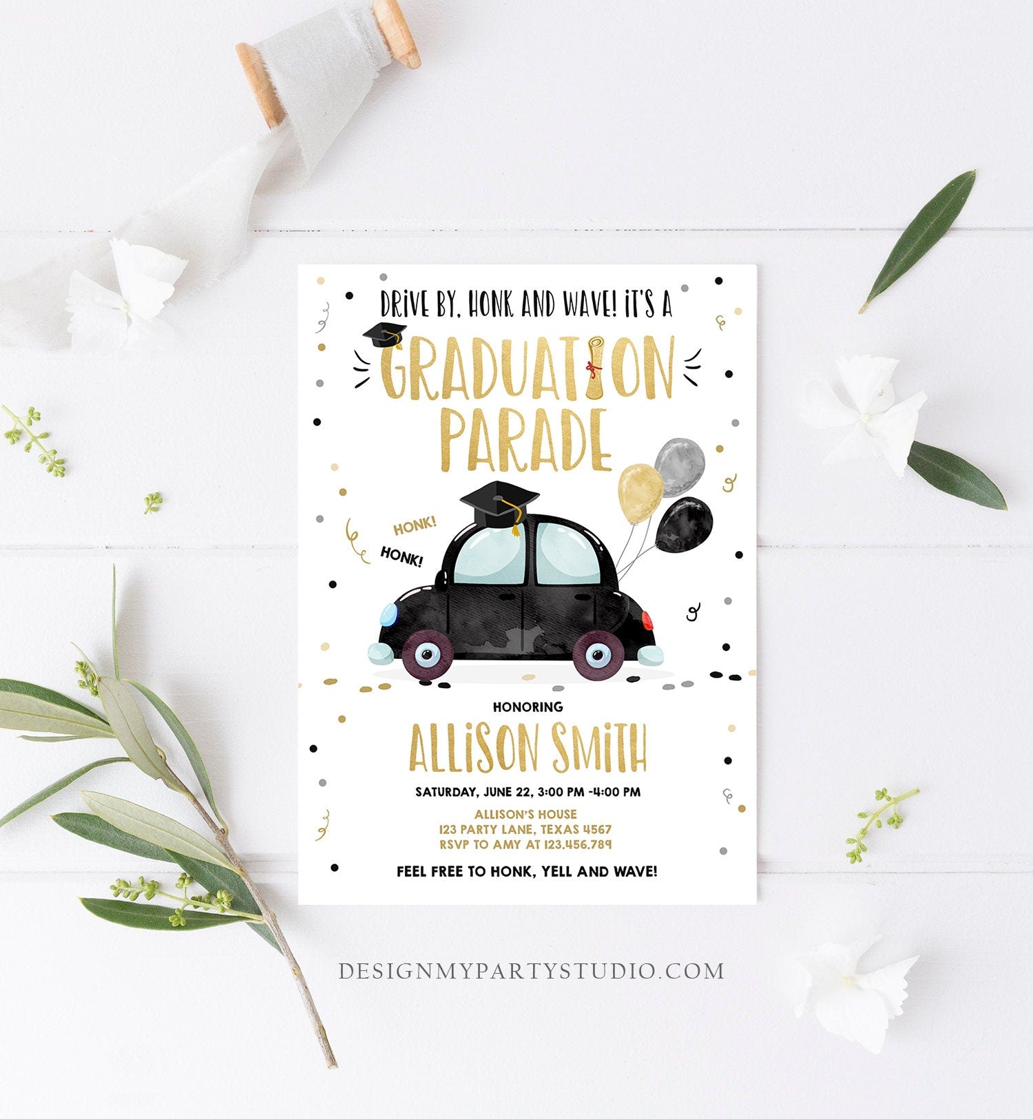 Editable Drive By Graduation Parade Invitation Drive Through Party Gold Black Quarantine Graduate 2021 High School Grad Download Corjl 0337