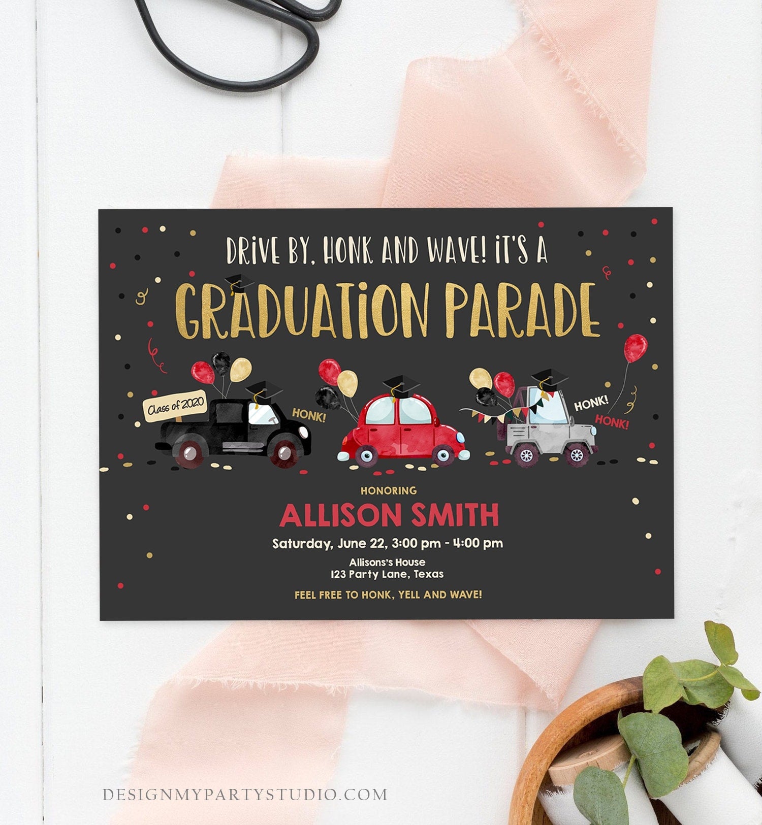 Editable Drive By Graduation Parade Invitation Drive Through Party Red Gold Quarantine Graduate 2021 High School Grad Download Corjl 0337