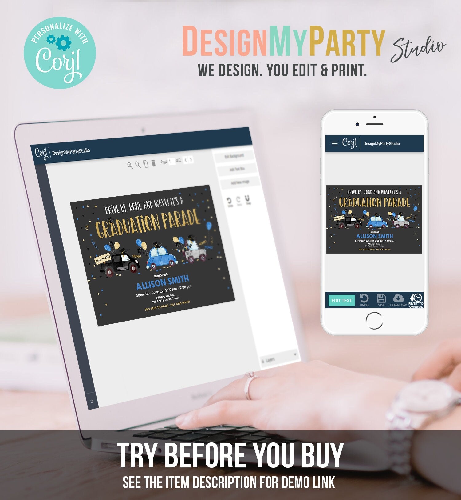 Editable Drive By Graduation Parade Invitation Drive Through Party Blue Gold Quarantine Graduate 2021 High School Grad Download Corjl 0337