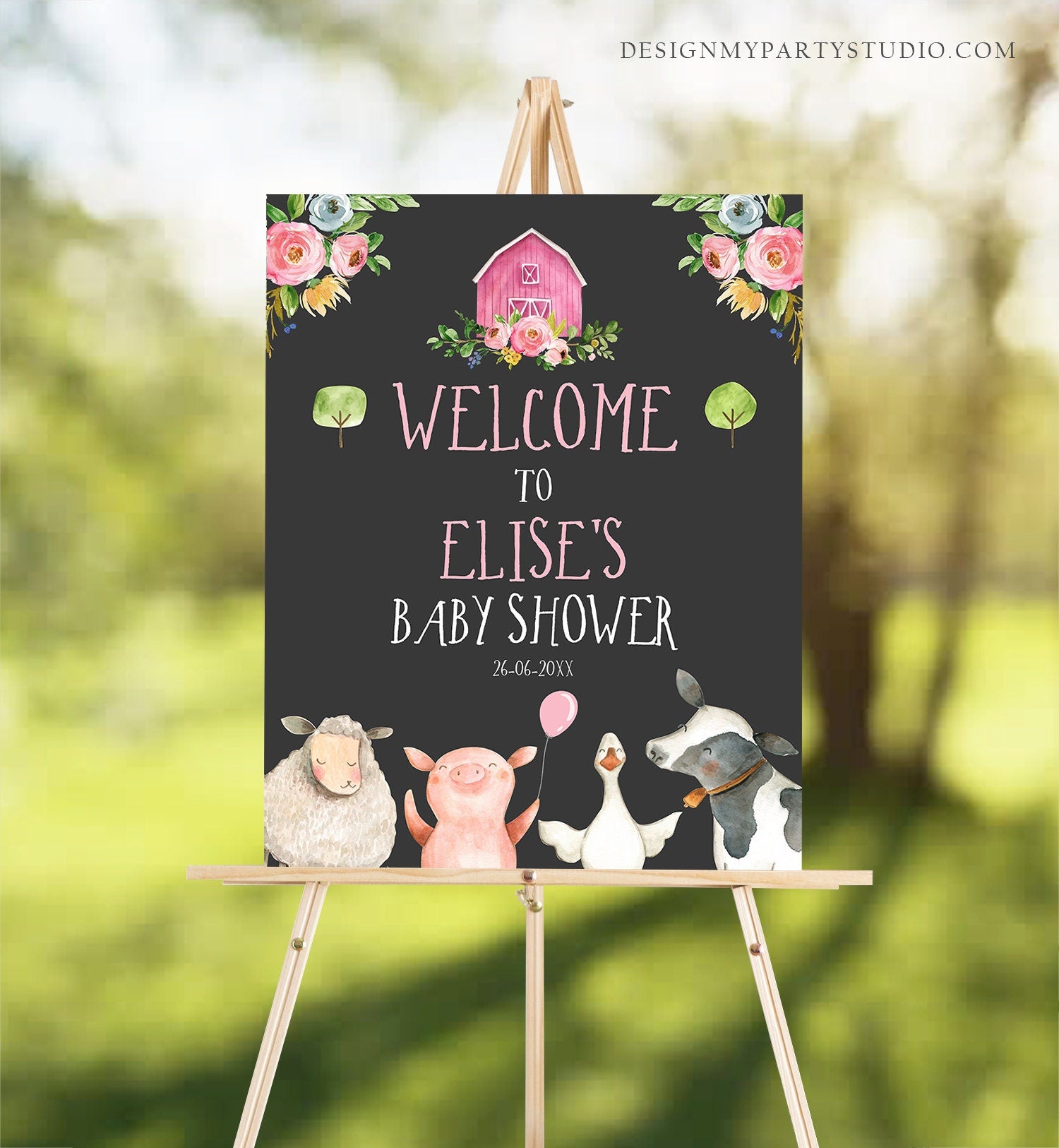 Editable Farm Baby Shower Welcome Sign Girl Barnyard Birthday Welcome Sign Farm Animals Birthday Welcome Girl Template Corjl PRINTABLE 0155
