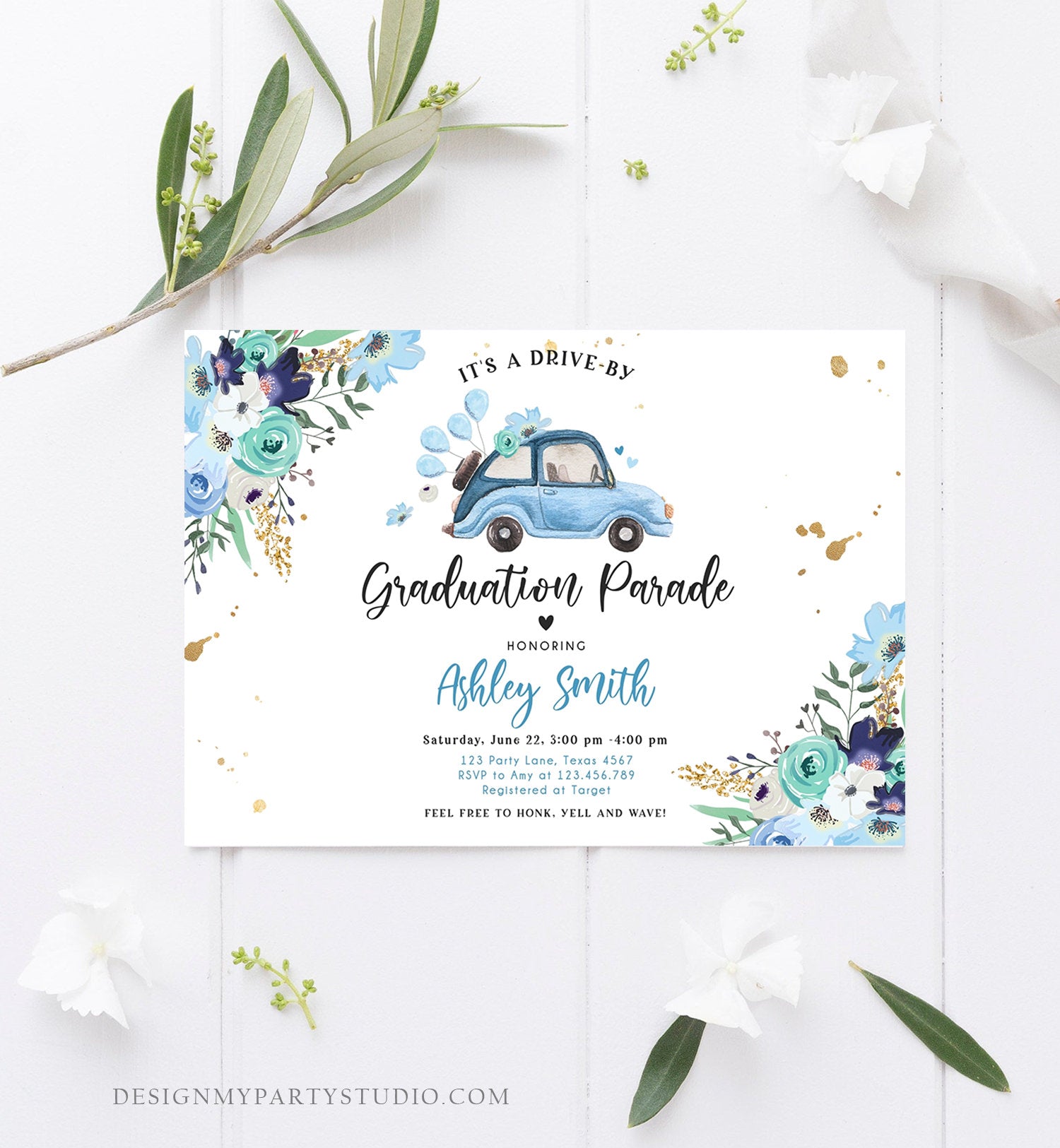 Editable Drive By Graduation Parade Invitation Drive Through Gold Blue Floral Girl Graduate School Grad Class 2020 Quarantine Corjl 0335