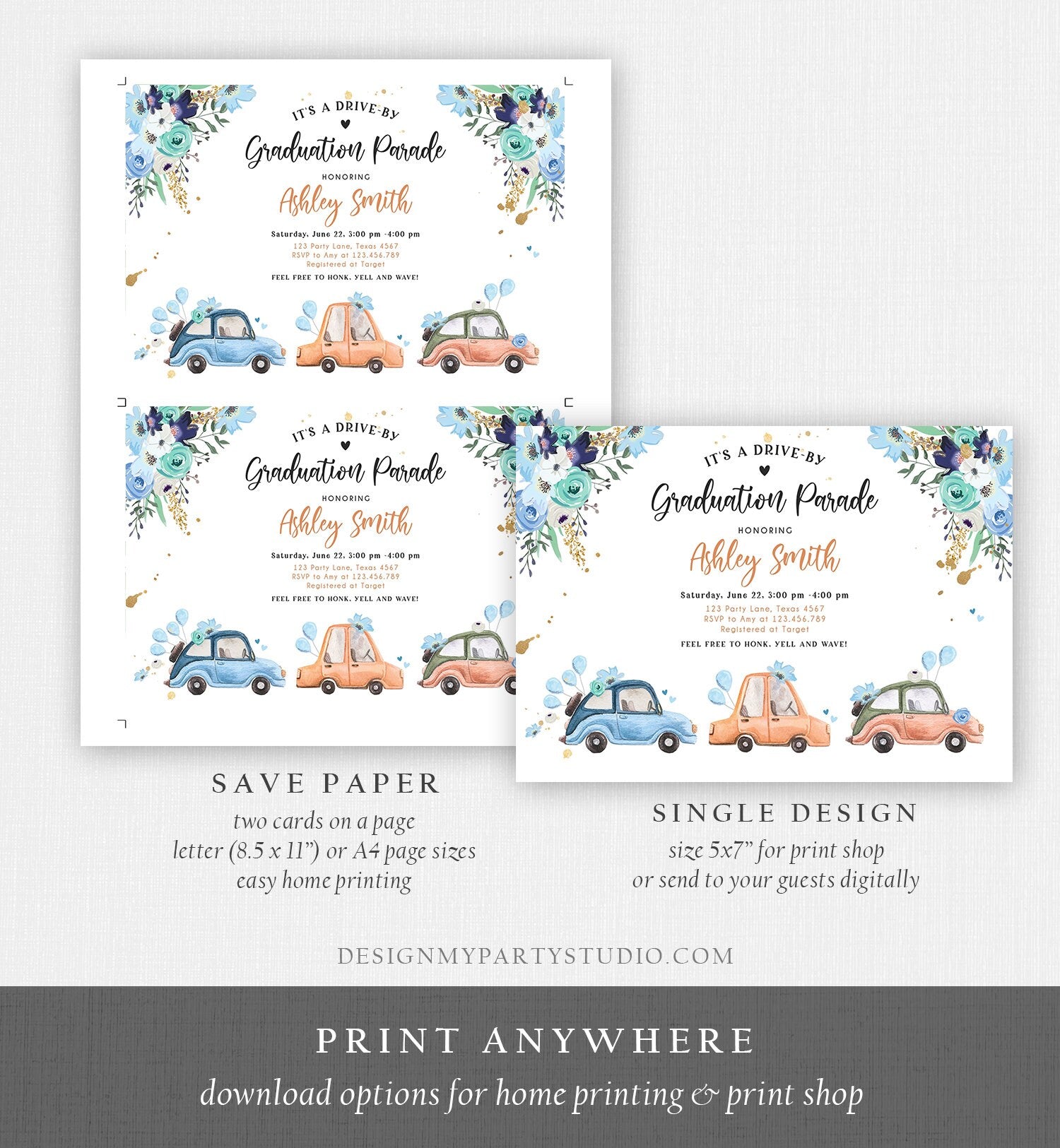 Editable Drive By Graduation Parade Invitation Drive Through Gold Blue Floral Girl Graduate School Grad Class 2020 Quarantine Corjl 0335