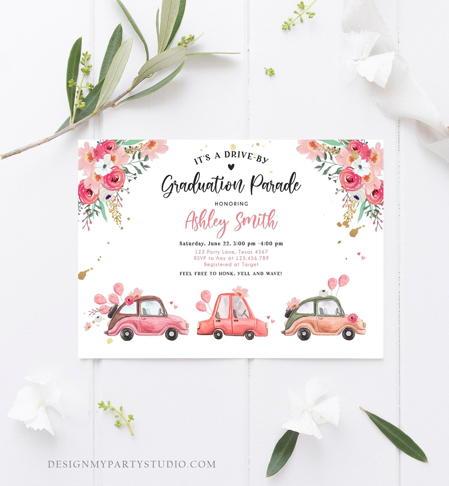 Editable Drive By Graduation Parade Invitation Drive Through Gold Pink Floral Girl Graduate School Grad Class 2020 Quarantine Corjl 0335