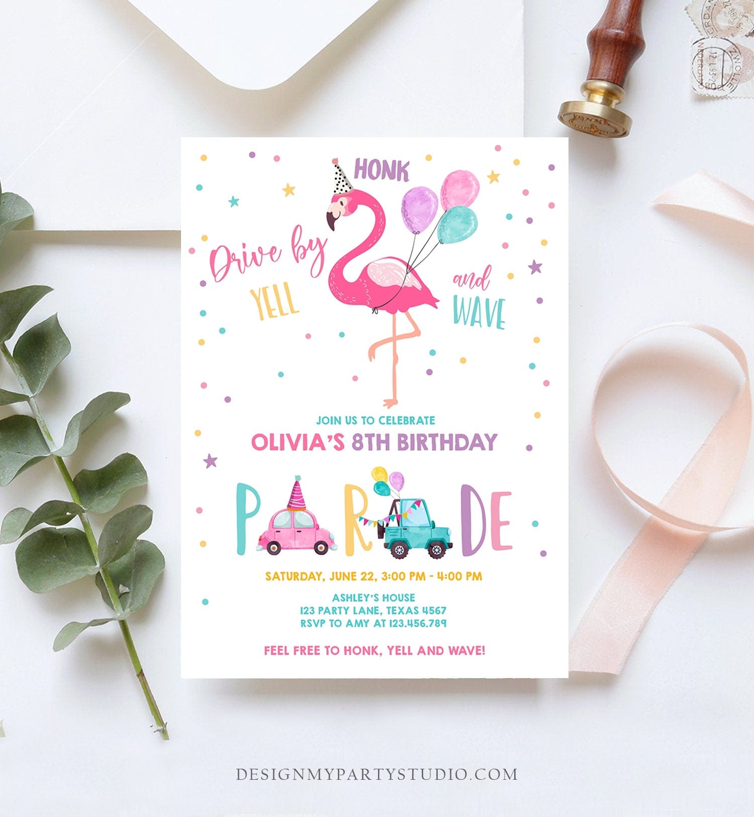 Editable Flamingo Drive By Birthday Parade Invitation Virtual Party Invite Honk Wave Car Girl Pink Quarantine Download Digital Corjl 0200