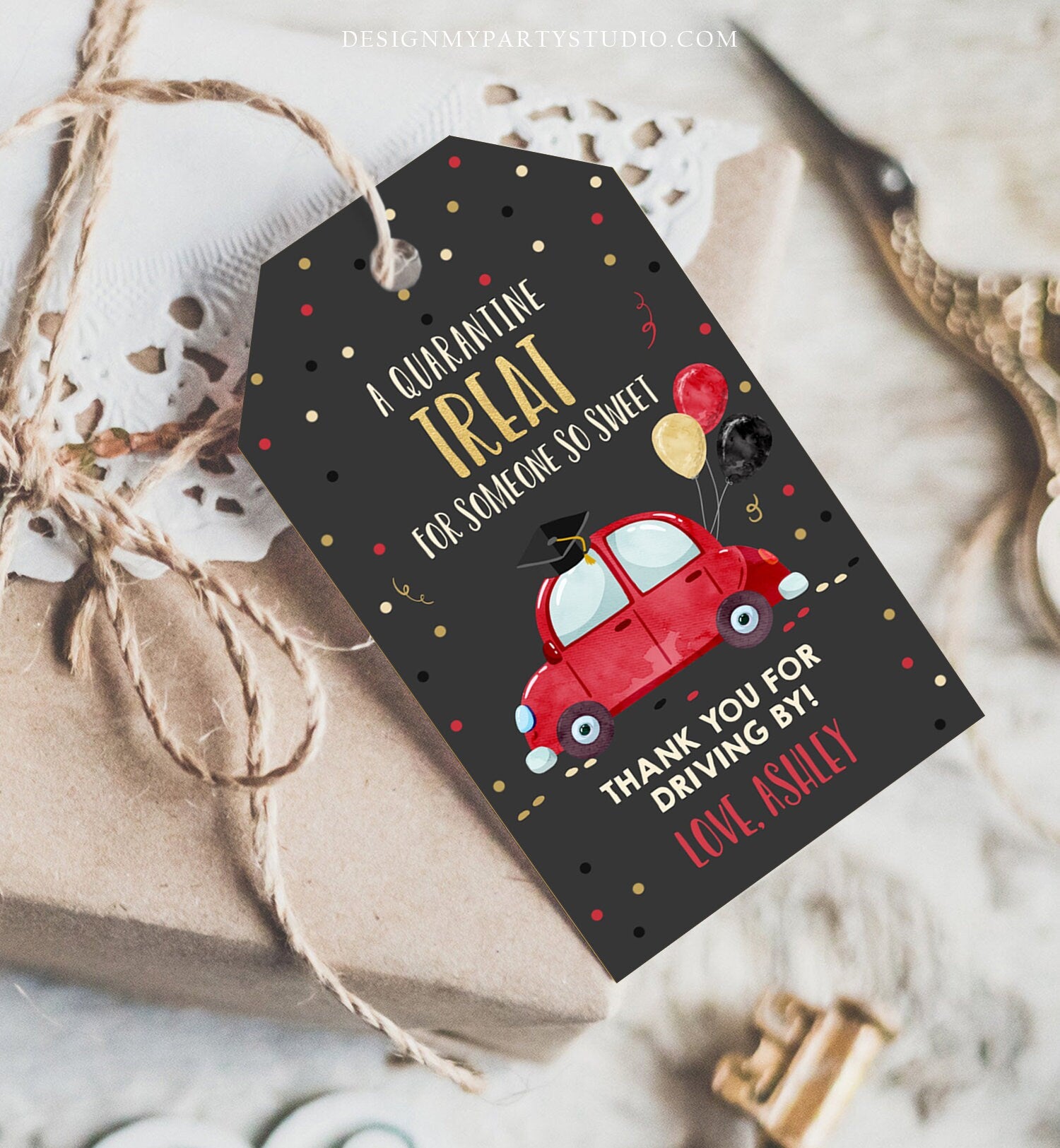 Editable Drive By Favor Tag Drive Through Graduation Parade Thank You Gift Tags Quarantine Red Car High School Grad Graduate Corjl 0337