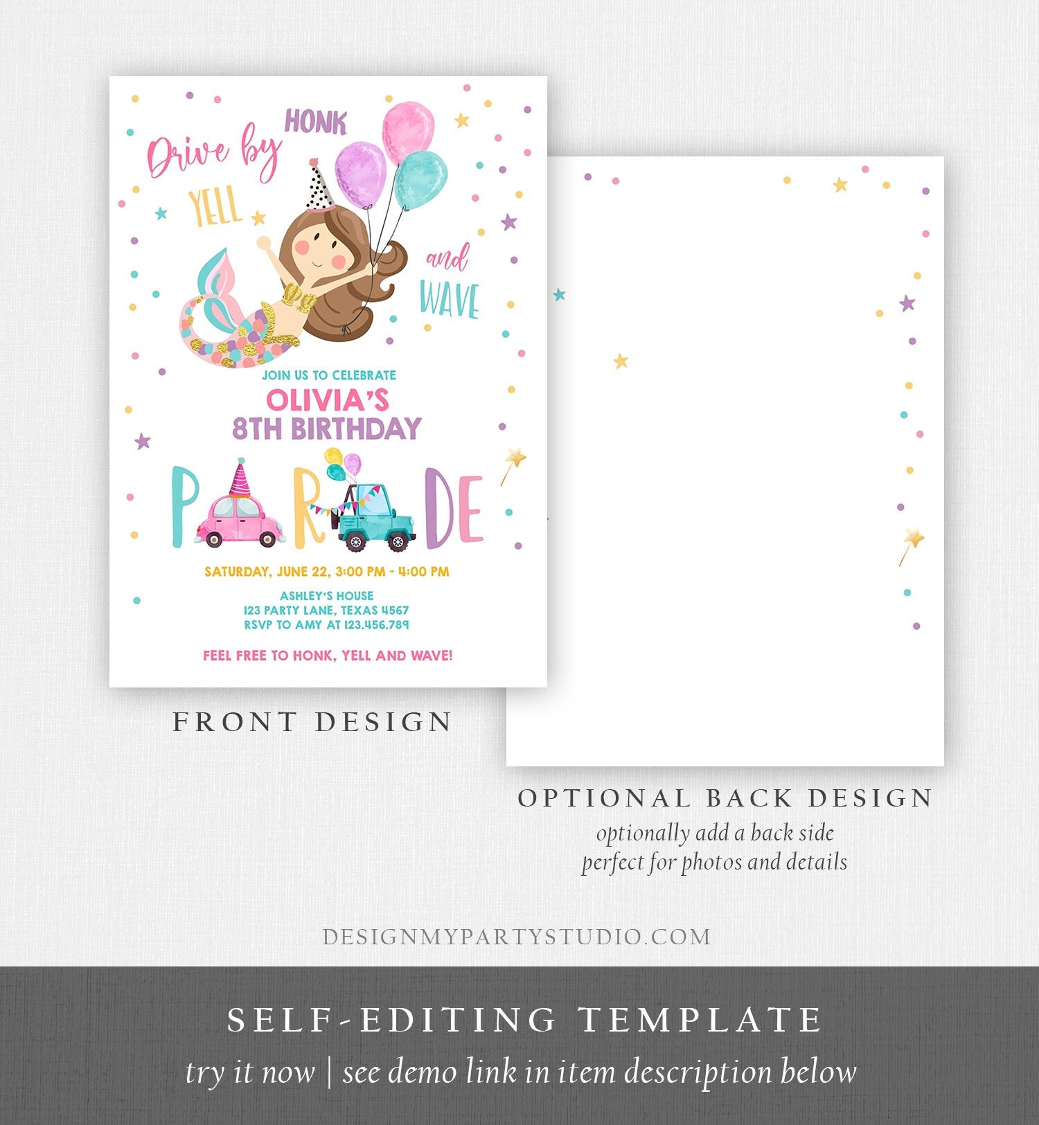 Editable Mermaid Drive By Birthday Parade Invitation Virtual Party Invite Honk Wave Car Girl Pink Quarantine Download Digital Corjl 0338