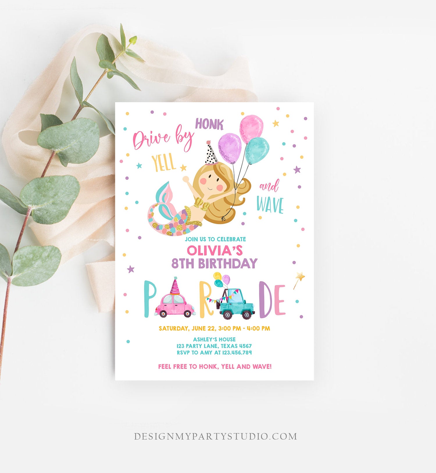 Editable Mermaid Drive By Birthday Parade Invitation Virtual Party Invite Honk Wave Car Girl Pink Quarantine Download Digital Corjl 0338