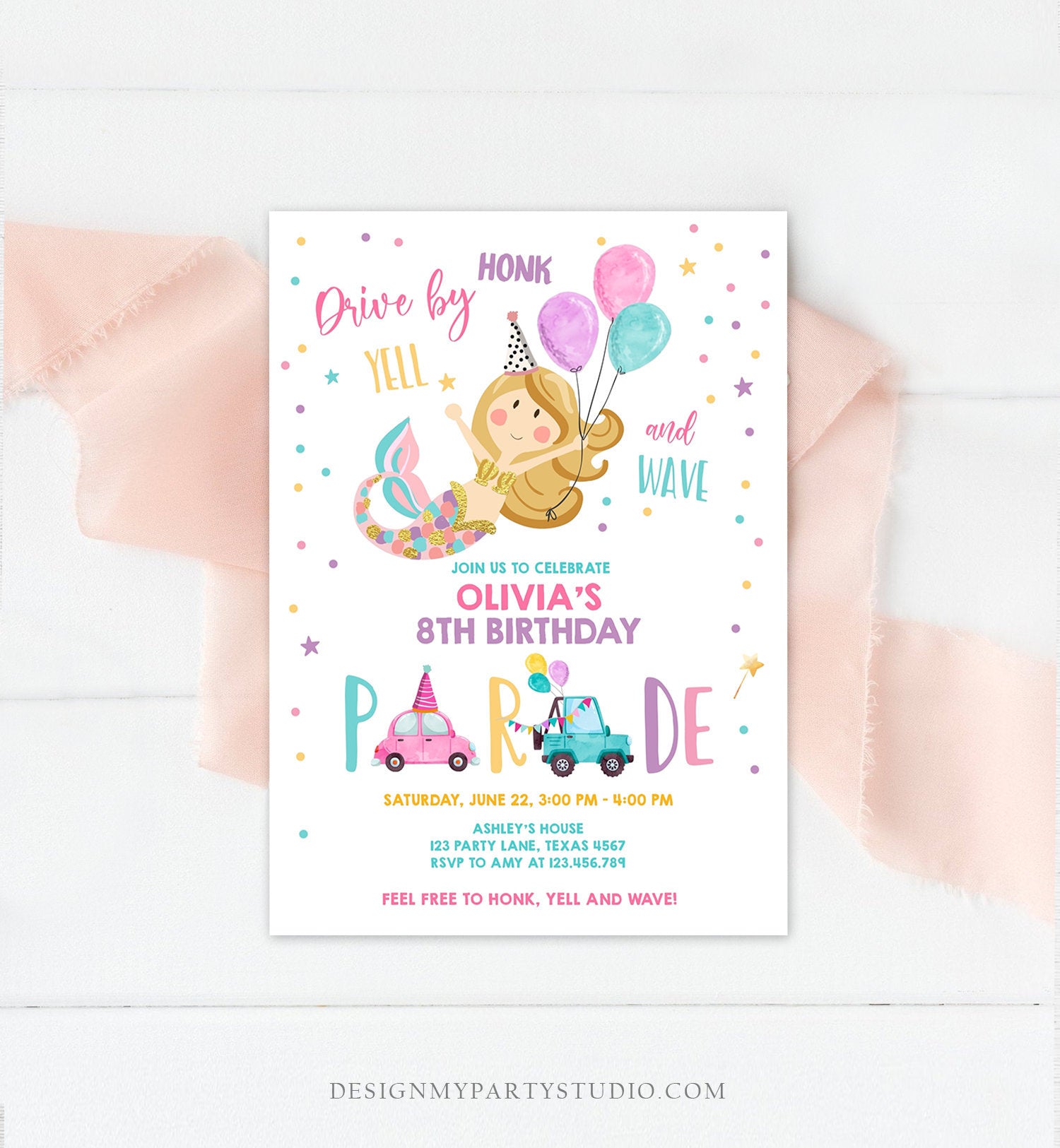 Editable Mermaid Drive By Birthday Parade Invitation Virtual Party Invite Honk Wave Car Girl Pink Quarantine Download Digital Corjl 0338