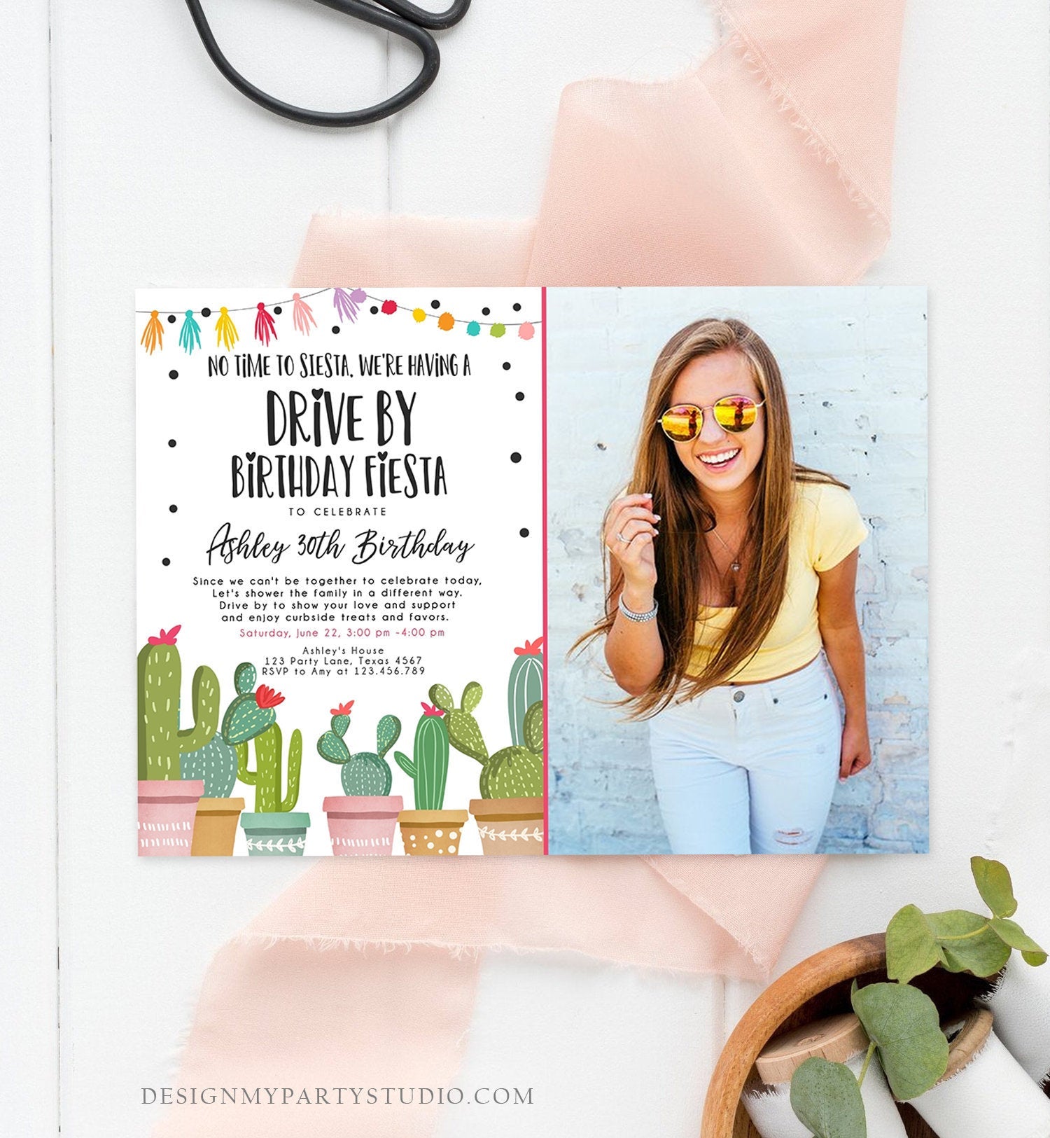 Editable Drive By Birthday Fiesta Invitation Cactus No Time to Siesta Party 30th 40th 50th Drive Through Quarantine Corjl Template 0254