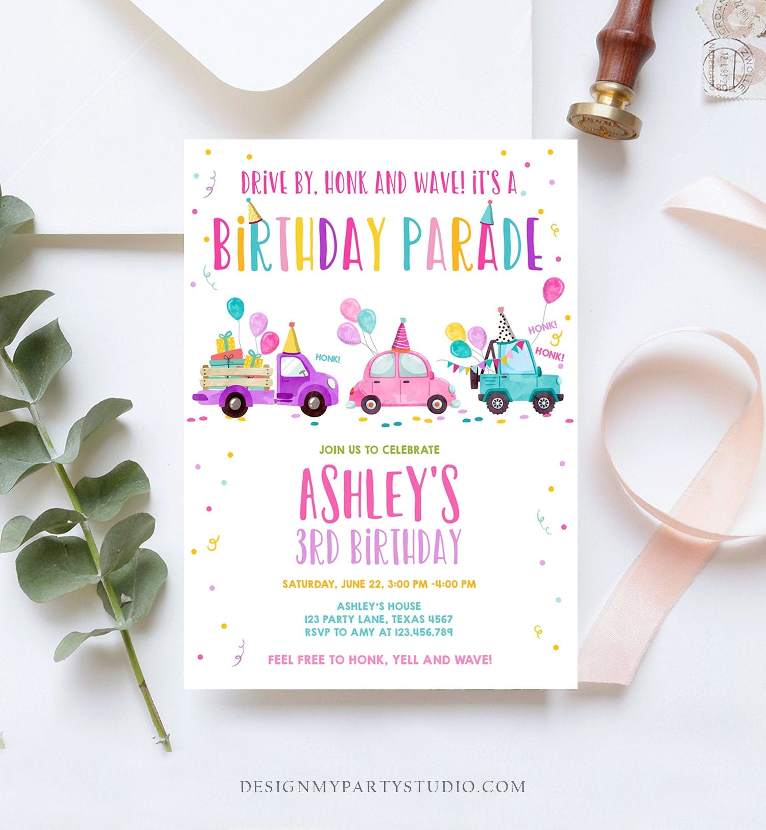 Editable Drive By Birthday Parade Invitation Virtual Party Invite Honk Wave Car Girl Pink Quarantine Instant Download Digital Corjl 0333