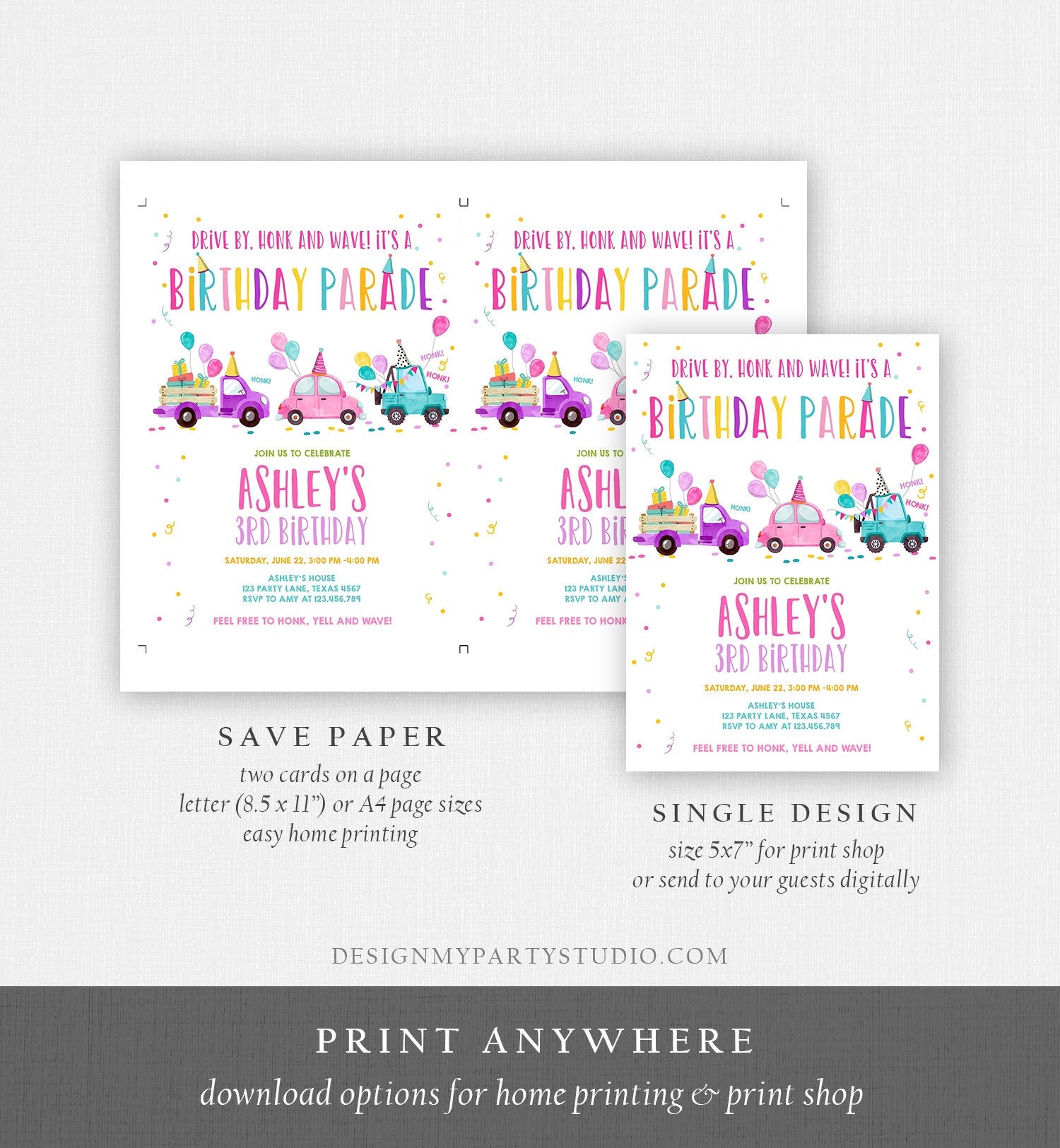 Editable Drive By Birthday Parade Invitation Virtual Party Invite Honk Wave Car Girl Pink Quarantine Instant Download Digital Corjl 0333
