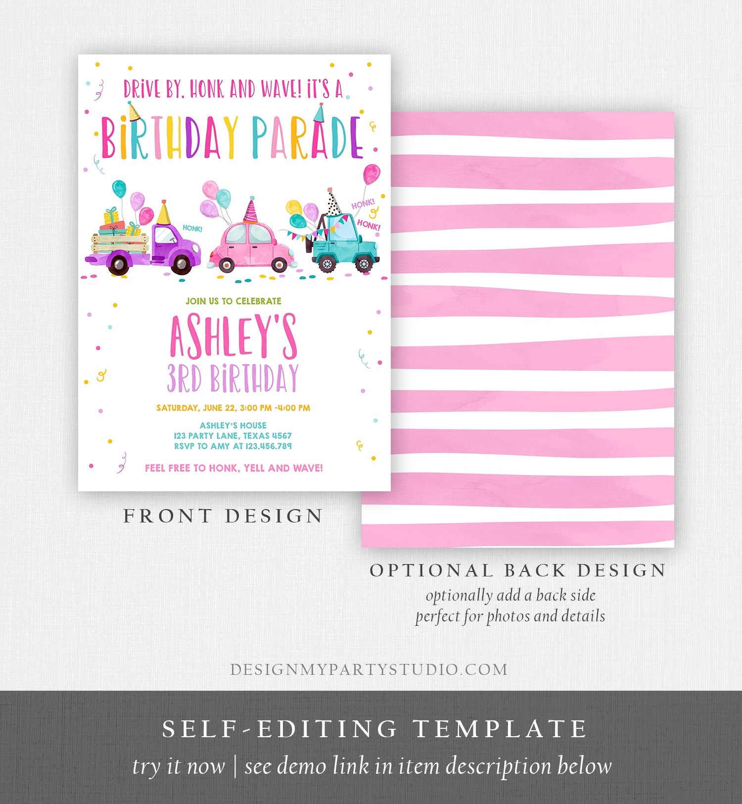 Editable Drive By Birthday Parade Invitation Virtual Party Invite Honk Wave Car Girl Pink Quarantine Instant Download Digital Corjl 0333