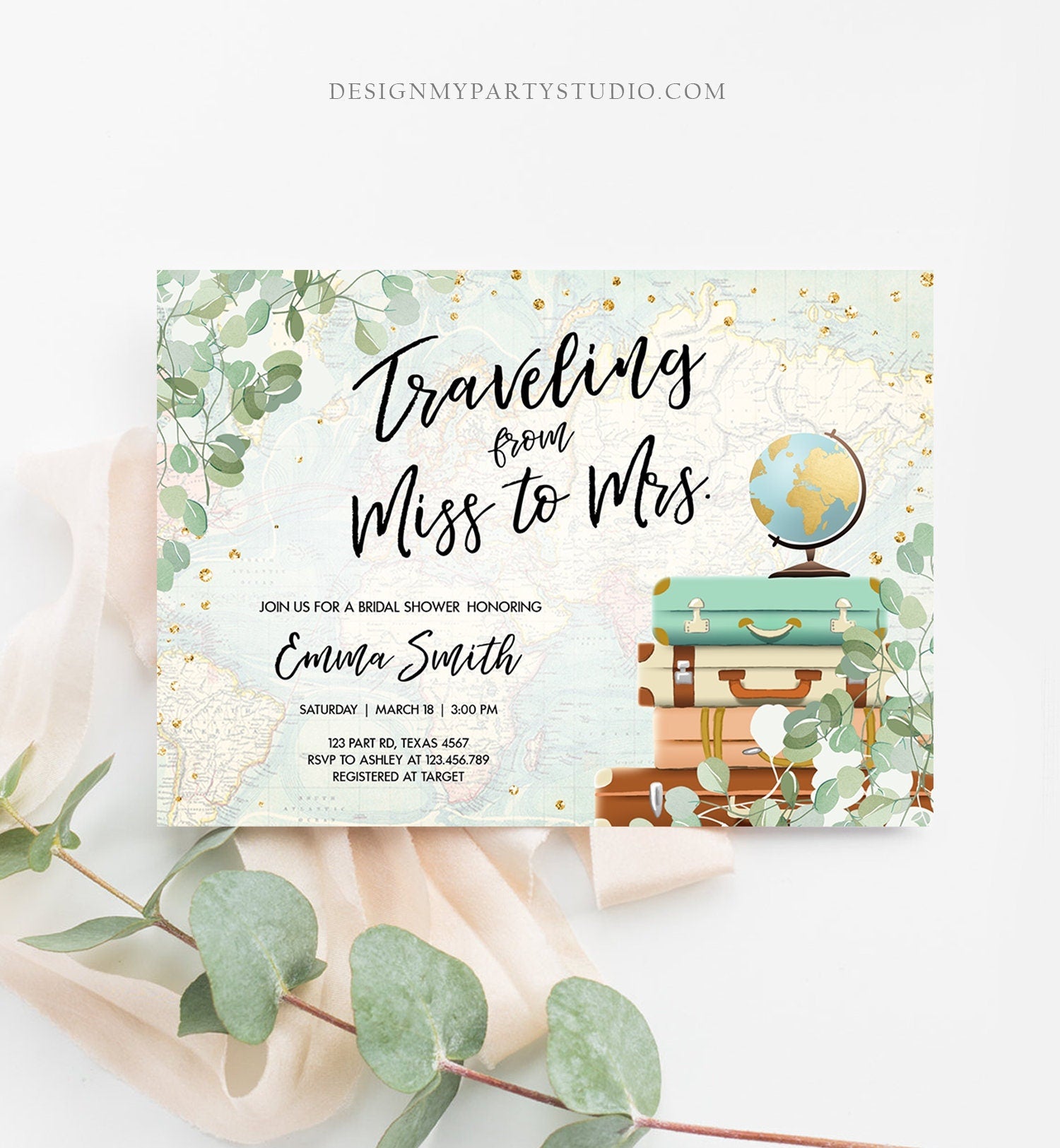 Editable Miss to Mrs Travel Bridal Shower Invitation Eucalyptus Globe Suitcase Greenery Traveling Download Printable Corjl Template 0030