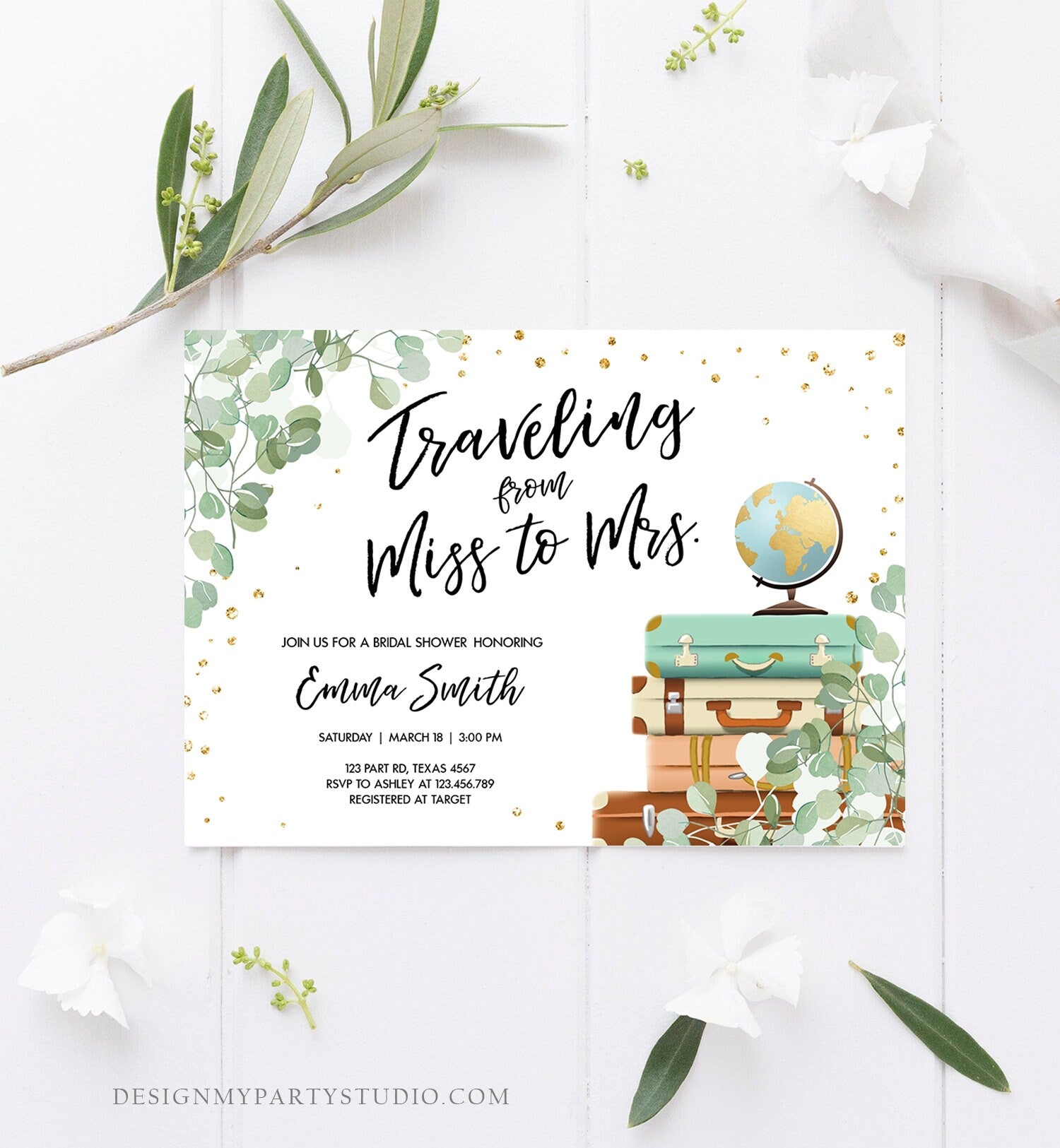 Editable Miss to Mrs Travel Bridal Shower Invitation Eucalyptus Globe Suitcase Greenery Traveling Download Printable Corjl Template 0030