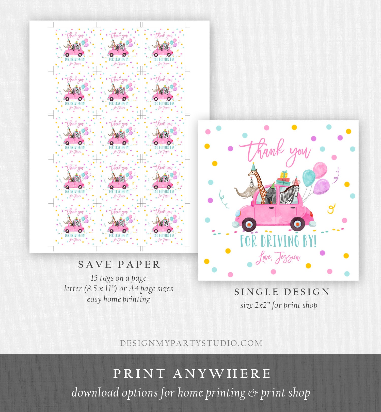Editable Drive By Favor Tag Safari Animals Birthday Party Parade Thank You Gift Quarantine Pink Car Girl Round Square Corjl Template 0333