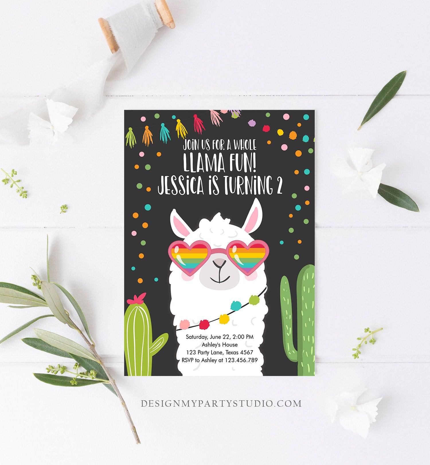 Editable Whole Llama Fun Birthday Invitation Fiesta Llama Cactus Mexican Party Chalk Sunglasses Girl Alpaca Corjl Template Printable 0079