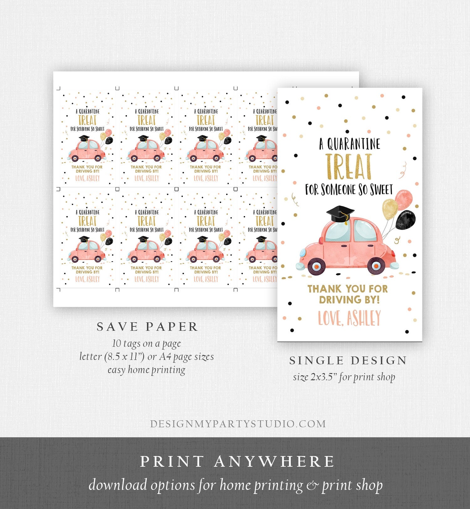 Editable Drive By Favor Tag Drive Through Graduation Parade Thank You Gift Tags Quarantine Coral Car High School Grad Graduate Corjl 0337
