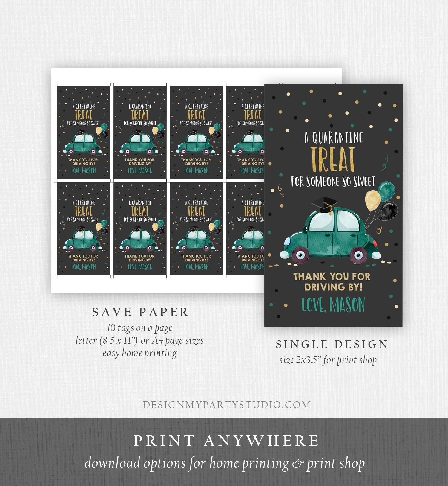 Editable Drive By Favor Tag Drive Through Graduation Parade Thank You Gift Tags Quarantine Green Car High School Grad Graduate Corjl 0337