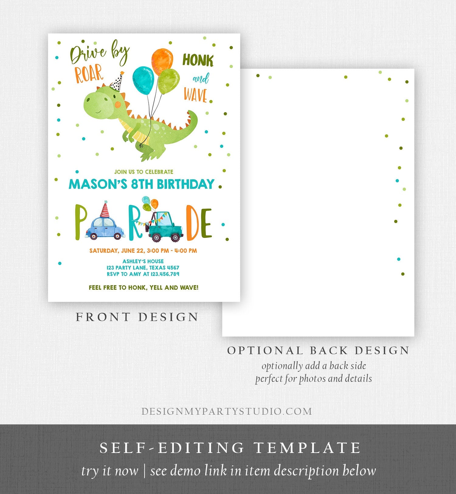 Editable Dinosaur Drive By Birthday Parade Invitation Virtual Party Invite Honk Wave Car Boy Dino Quarantine Download Digital Corjl 0340