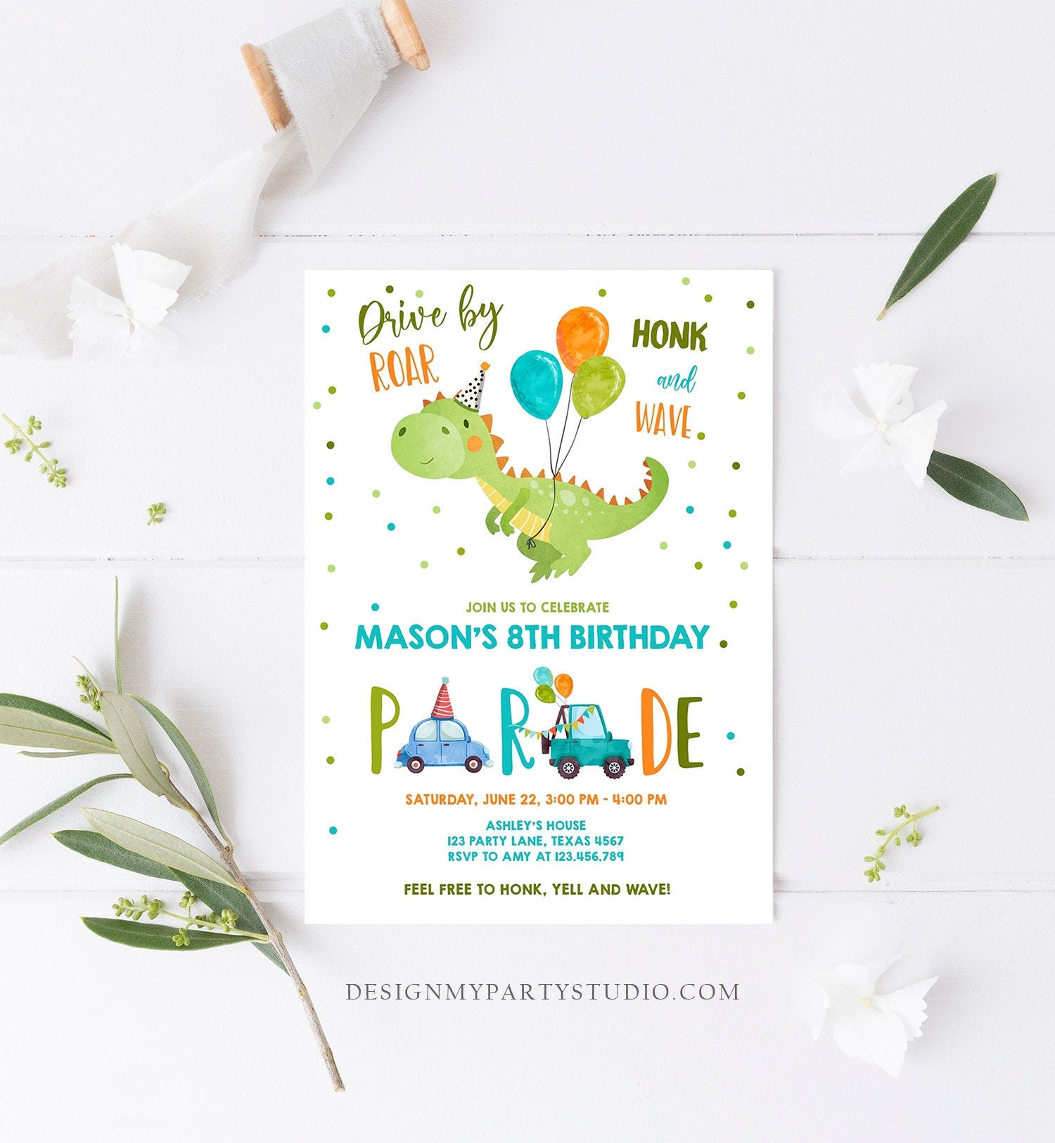 Editable Dinosaur Drive By Birthday Parade Invitation Virtual Party Invite Honk Wave Car Boy Dino Quarantine Download Digital Corjl 0340
