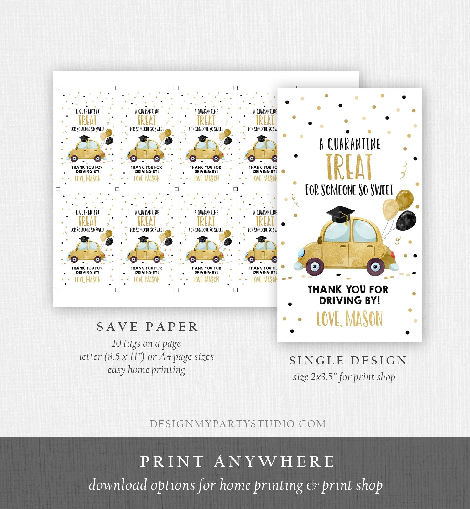 Editable Drive By Favor Tag Drive Through Graduation Parade Thank You Gift Tags Quarantine Gold Car High School Grad Graduate Corjl 0337