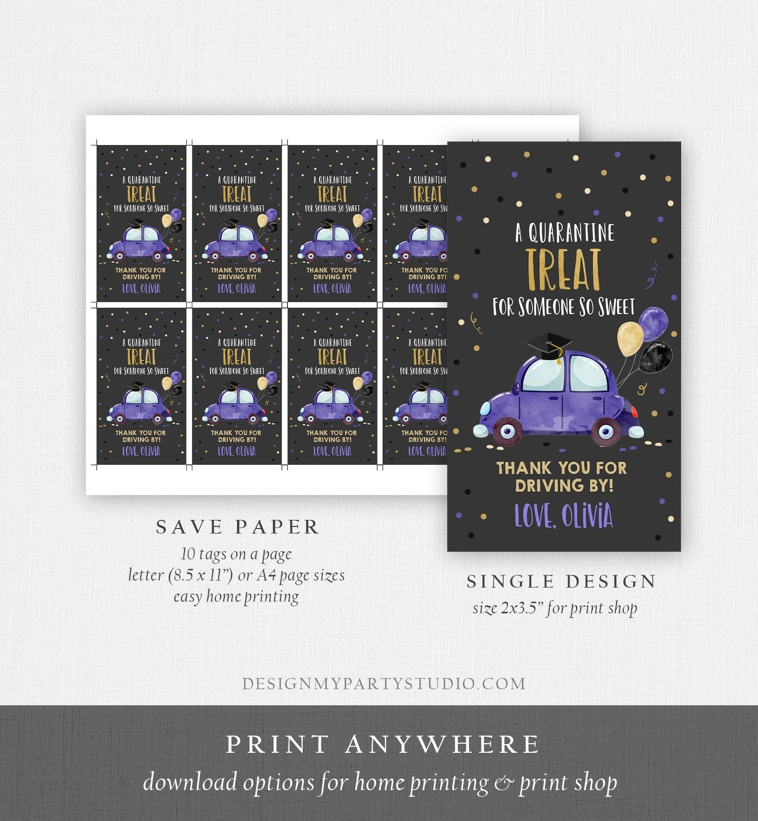 Editable Drive By Favor Tag Drive Through Graduation Parade Thank You Gift Tags Quarantine Navy Blue Purple Car School Graduate Corjl 0337