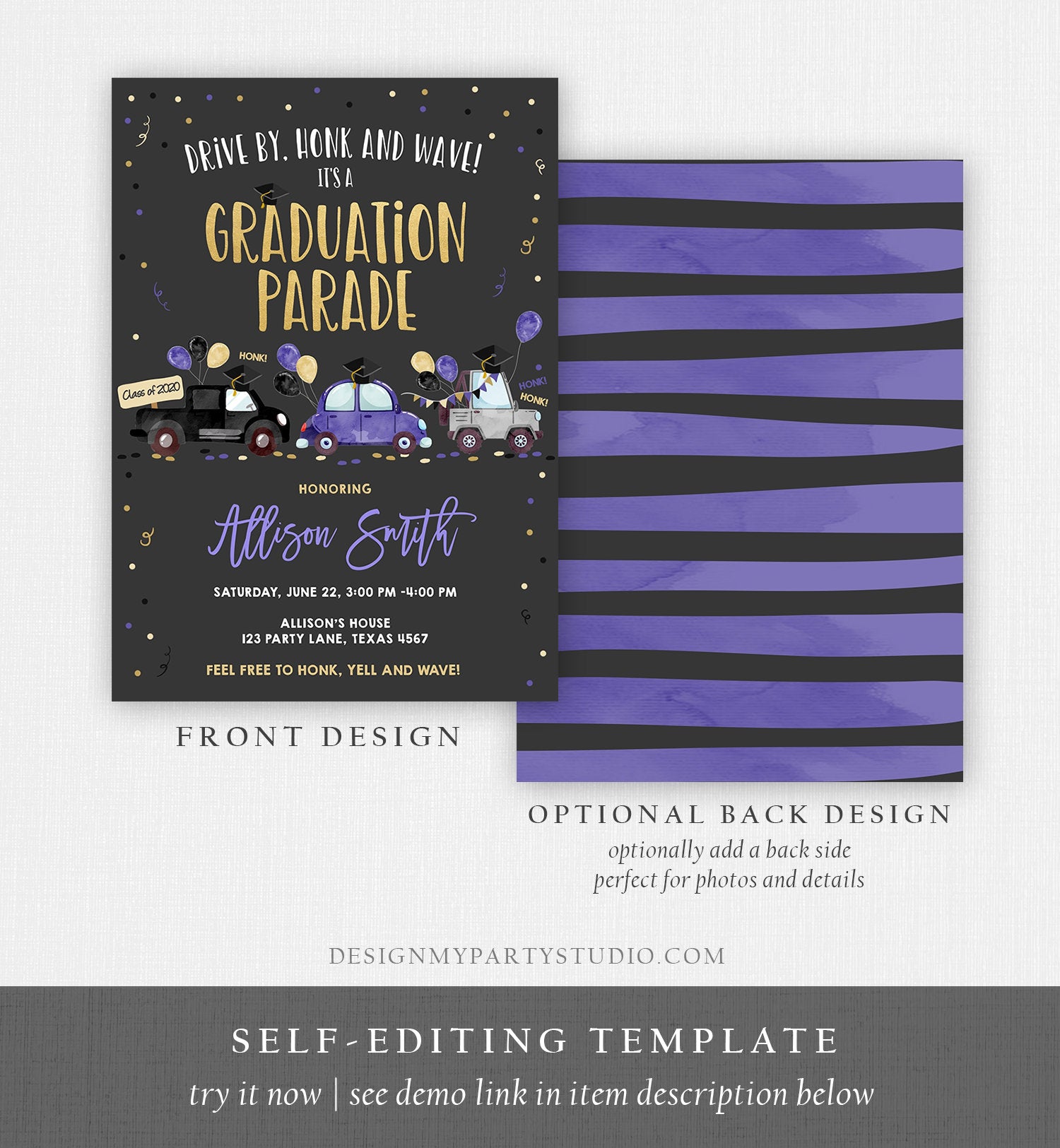 Editable Drive By Graduation Parade Invitation Virtual Party Blue Girl Graduate High School Grad Class 2020 Quarantine Digital Corjl 0337