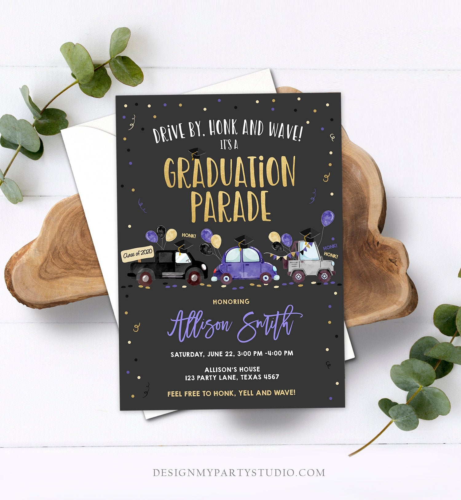 Editable Drive By Graduation Parade Invitation Virtual Party Blue Girl Graduate High School Grad Class 2020 Quarantine Digital Corjl 0337