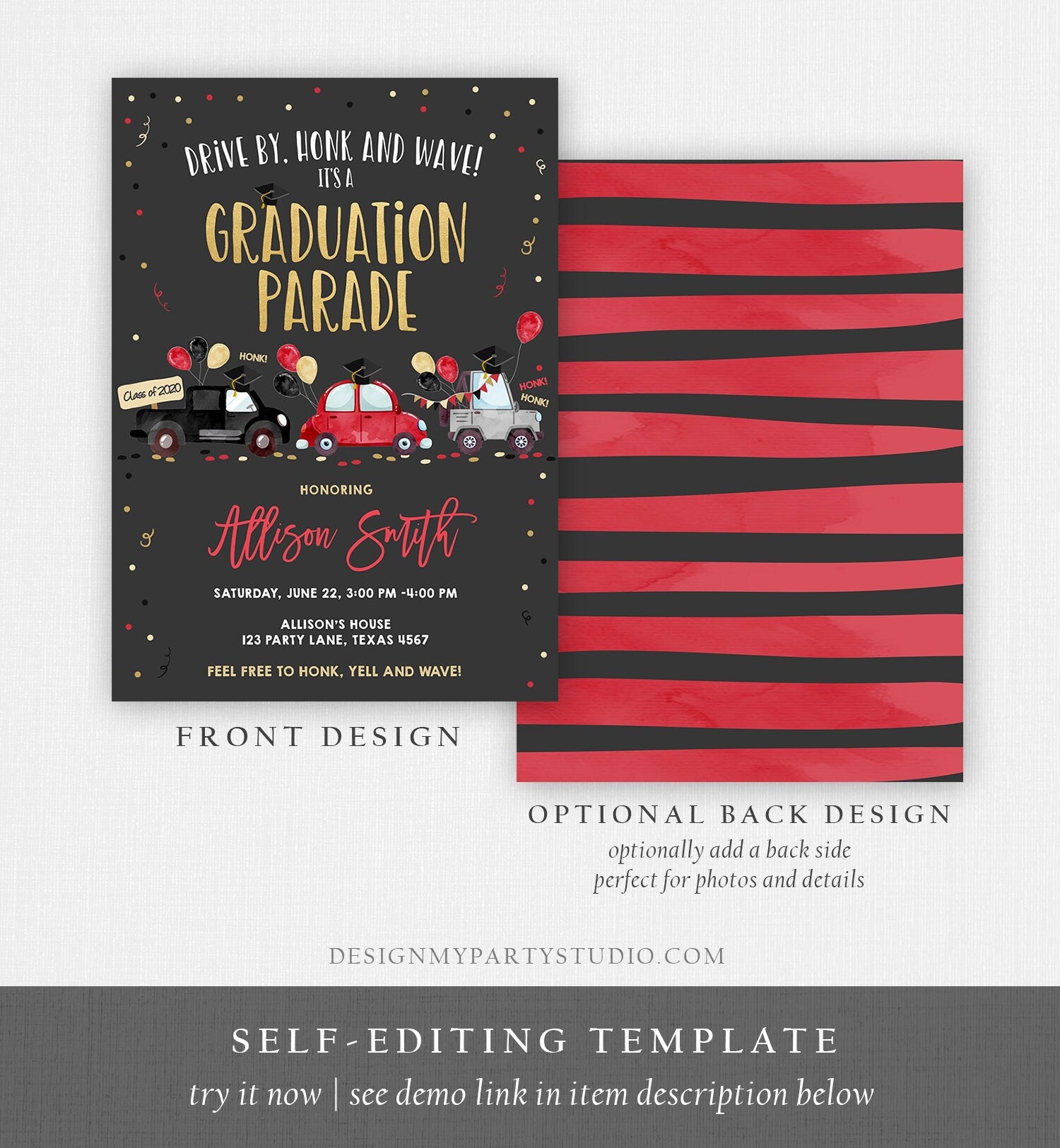 Editable Drive By Graduation Parade Invitation Virtual Party Red Girl Graduate High School Grad Class 2021 Quarantine Digital Corjl 0337