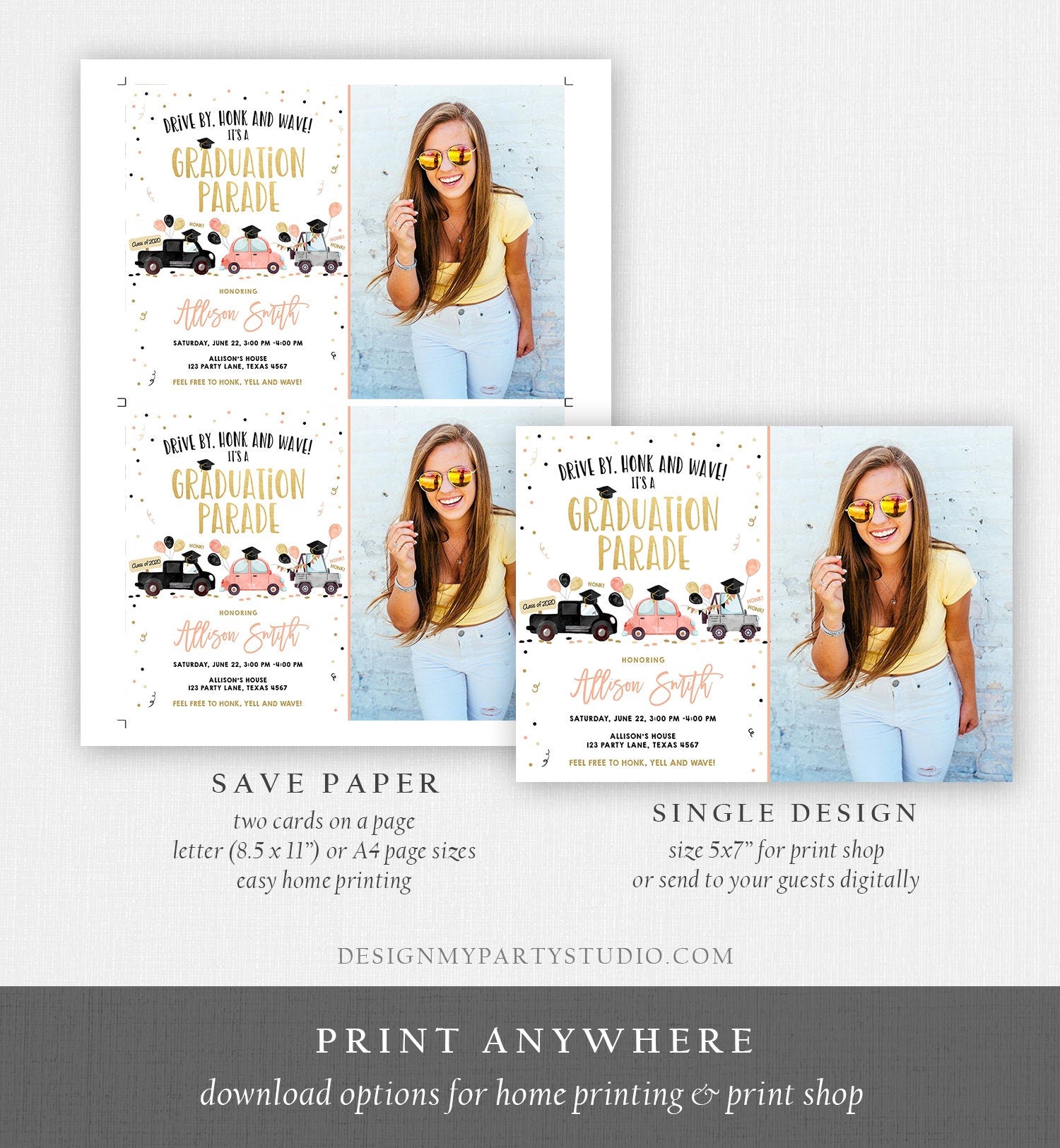 Editable Drive By Graduation Parade Invitation Drive Through Coral Girl Graduate High School Grad Class 2021 Quarantine Digital Corjl 0337