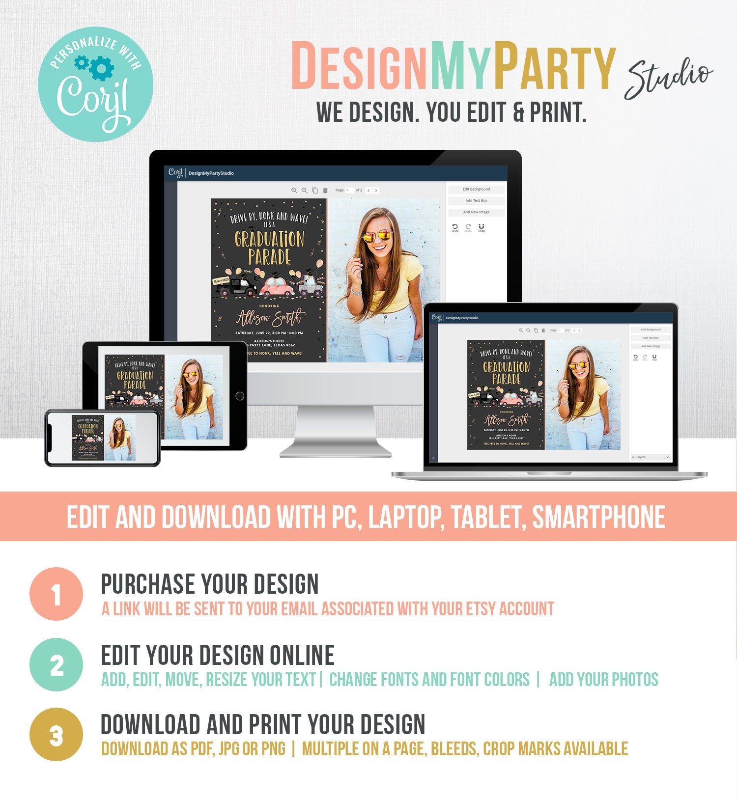 Editable Drive By Graduation Parade Invitation Drive Through Coral Girl Graduate High School Grad Class 2021 Quarantine Digital Corjl 0337