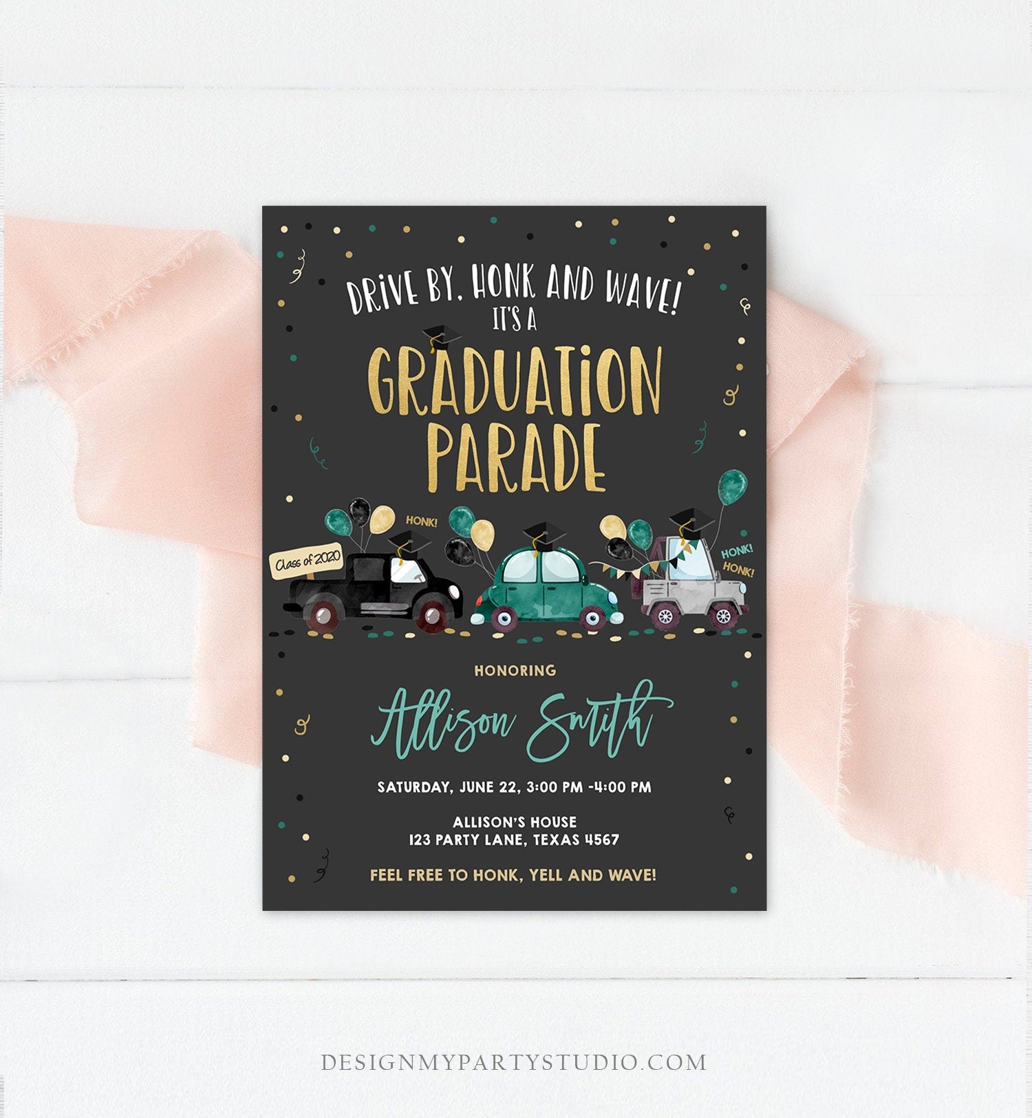 Editable Drive By Graduation Parade Invitation Drive Through Green Boy Graduate High School Grad Class 2021 Quarantine Digital Corjl 0337