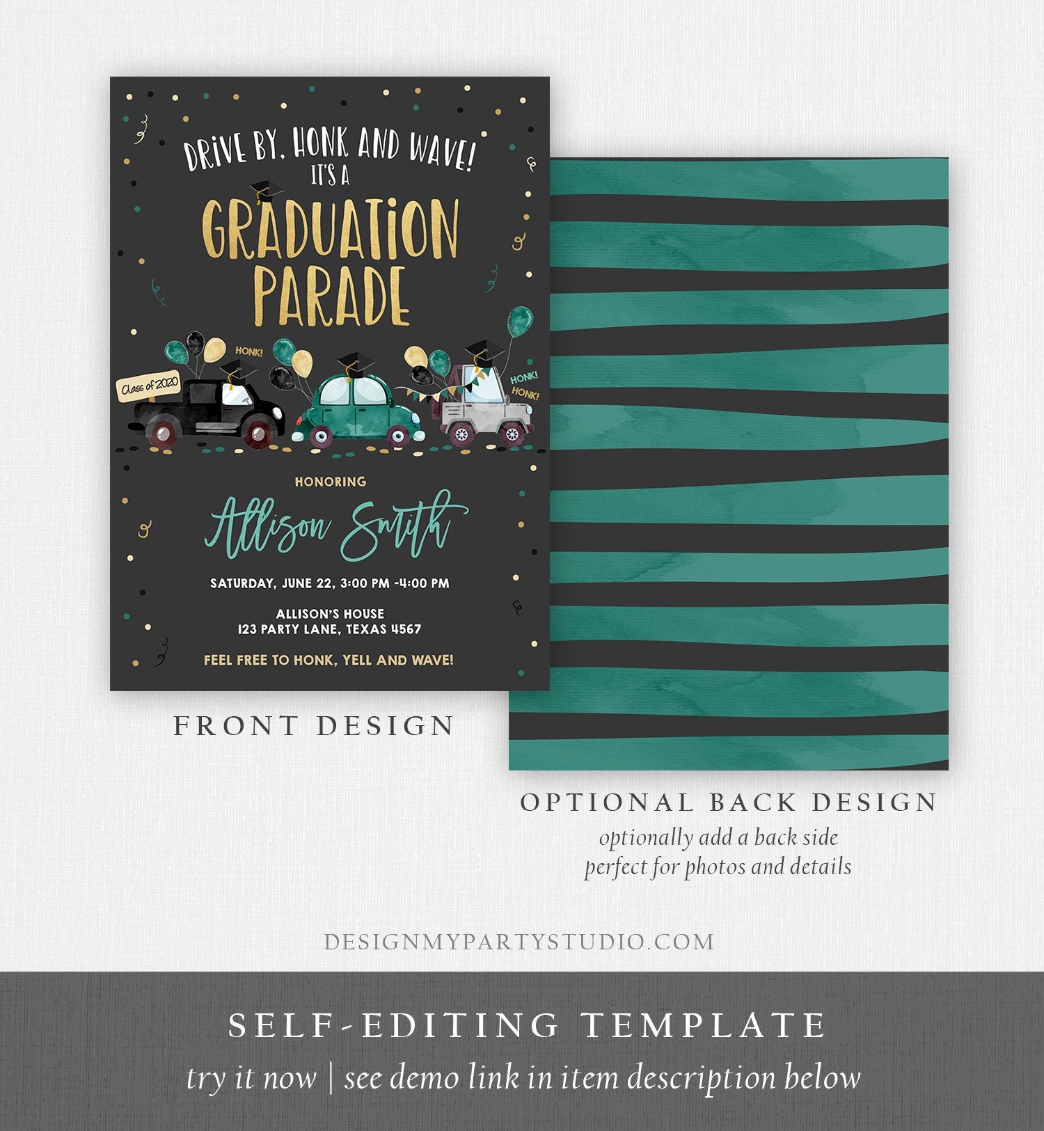 Editable Drive By Graduation Parade Invitation Drive Through Green Boy Graduate High School Grad Class 2021 Quarantine Digital Corjl 0337