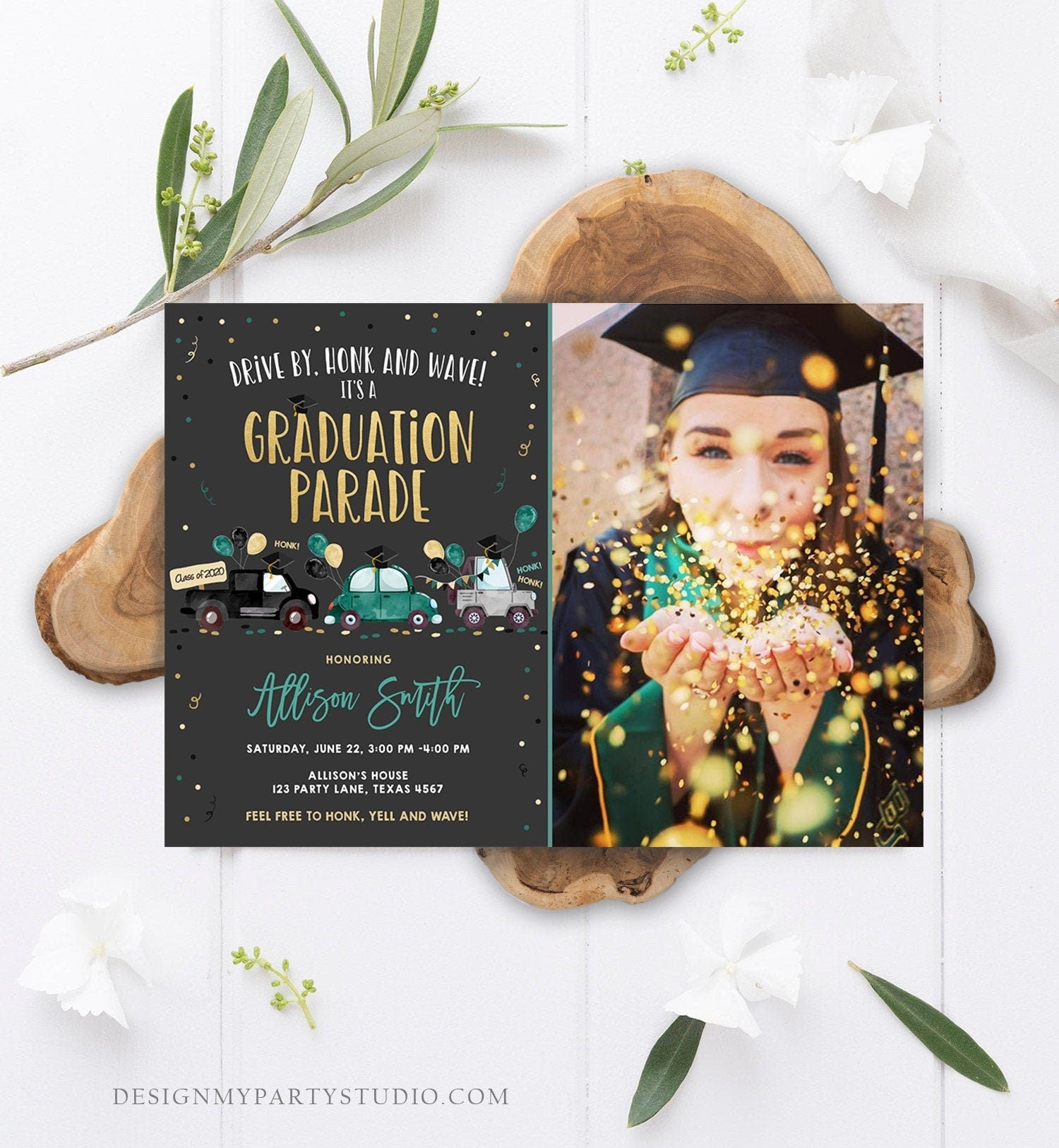 Editable Drive By Graduation Parade Invitation Drive Through Green Boy Graduate High School Grad Class 2021 Quarantine Digital Corjl 0337