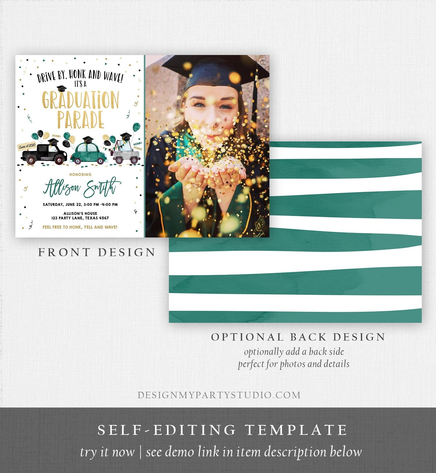 Editable Drive By Graduation Parade Invitation Drive Through Green Boy Graduate High School Grad Class 2021 Quarantine Digital Corjl 0337