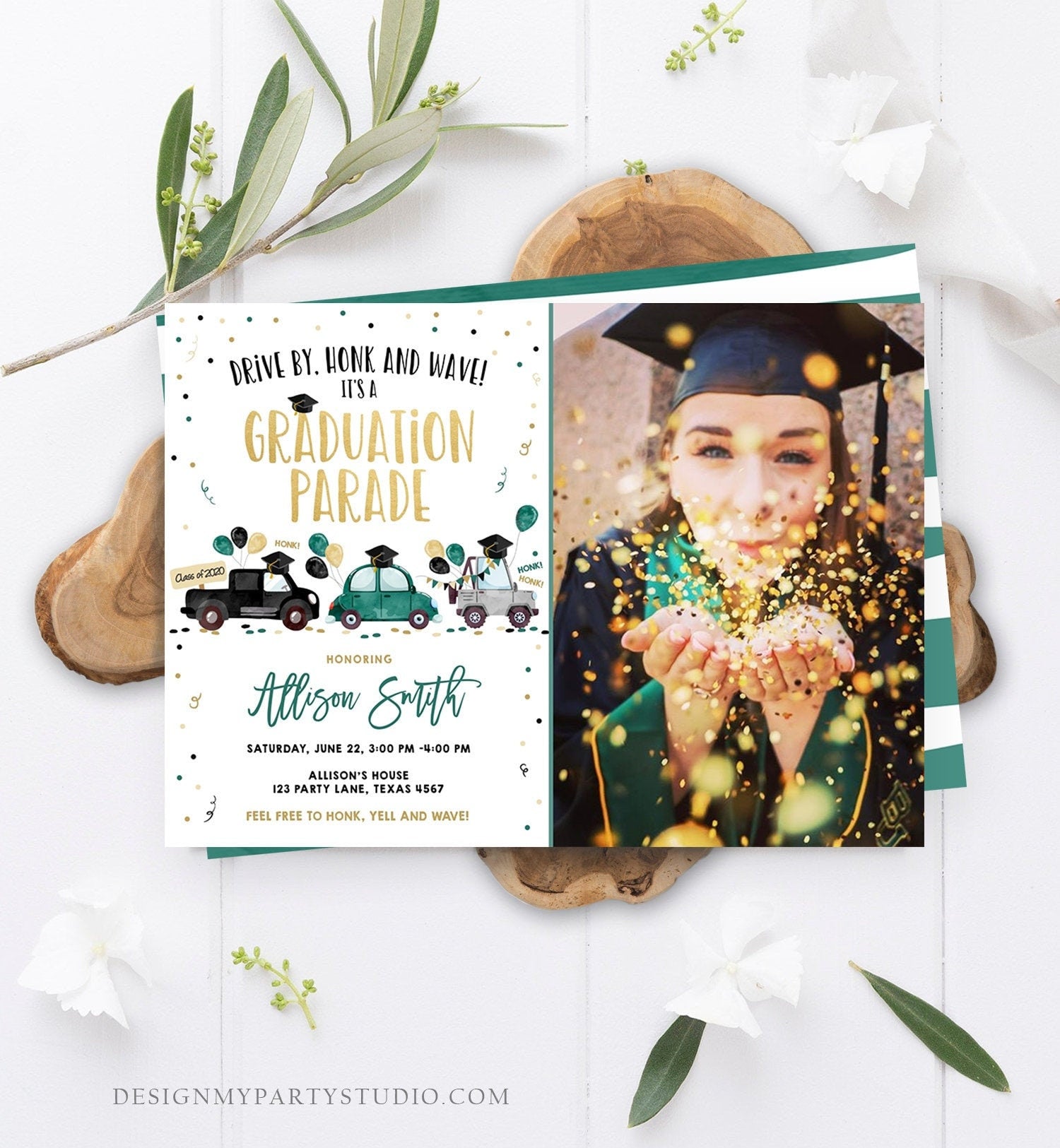 Editable Drive By Graduation Parade Invitation Drive Through Green Boy Graduate High School Grad Class 2021 Quarantine Digital Corjl 0337