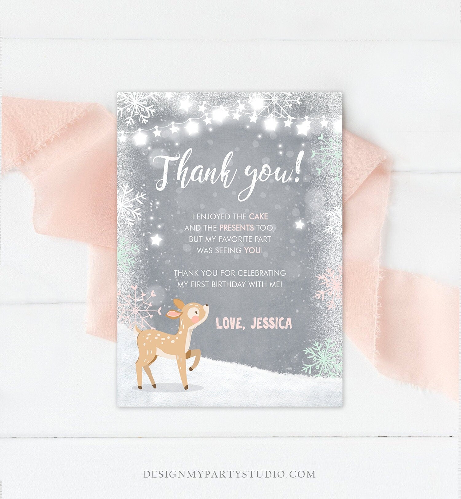 Editable Winter ONEderland Thank You Card Birthday First Birthday Snow Snowflake Girl Pink Mint Grey Deer Printable Template Corjl 0109