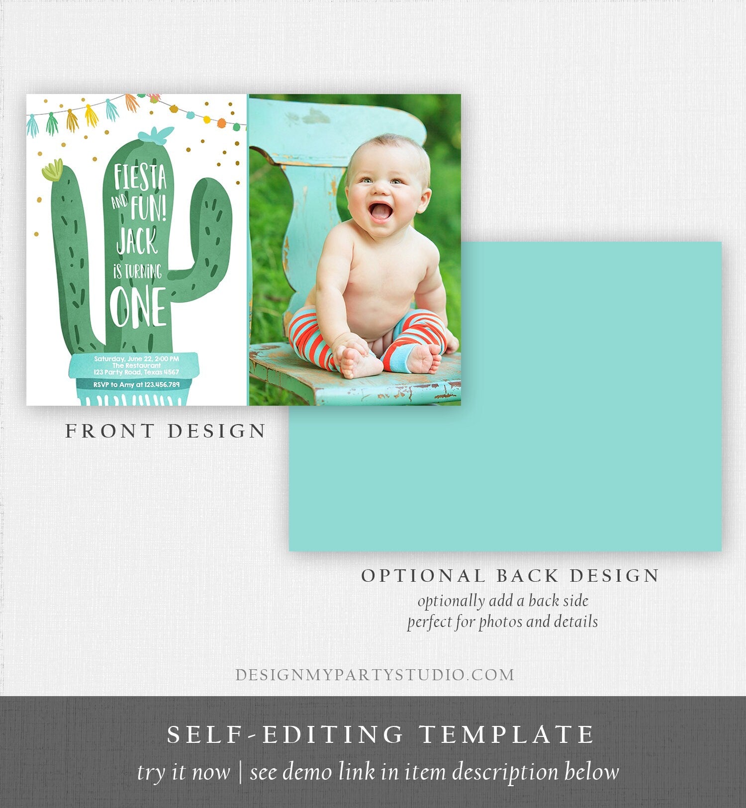Editable Cactus Fiesta Birthday Invitation Boy Blue First Birthday Succulent 1st Mexican Fiesta and Fun Corjl Photo Template Printable 0255