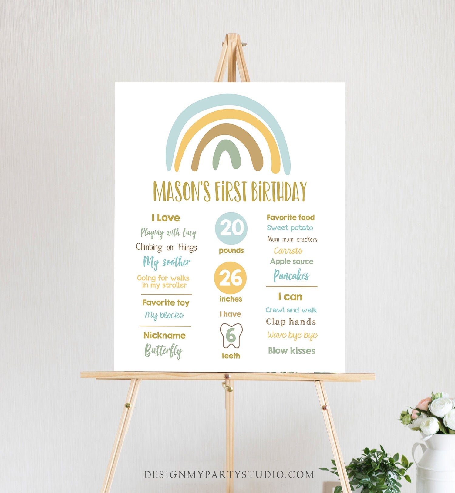 Editable Rainbow Birthday Milestones Sign Boy First Birthday 1st Pastel Infographic Birthday Decor Download Corjl Template Printable 0331