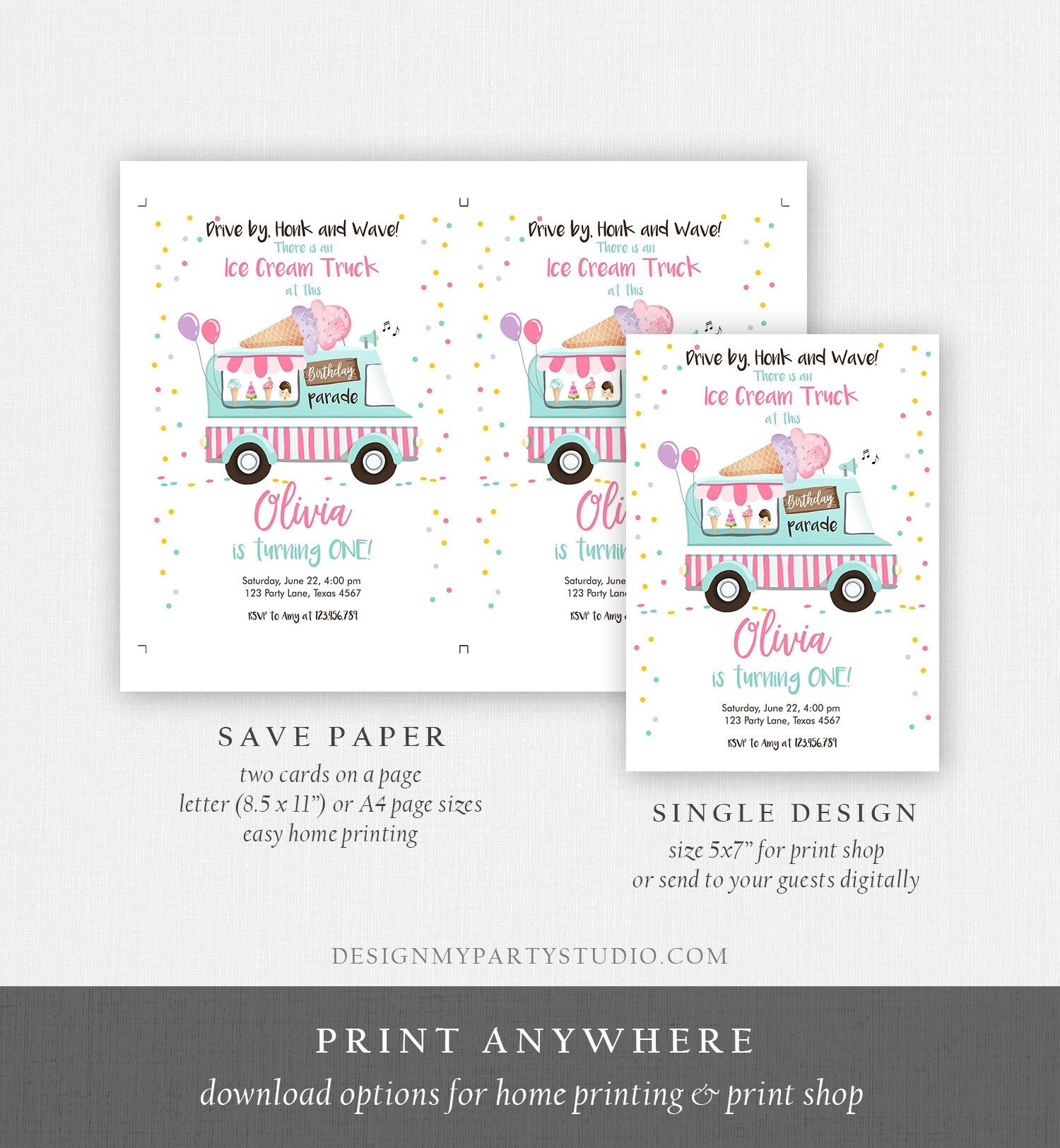 Editable Ice Cream Truck Birthday Invitation Birthday Parade Drive By Birthday Invite Quarantine Party Scoop Printable Template Corjl 0243